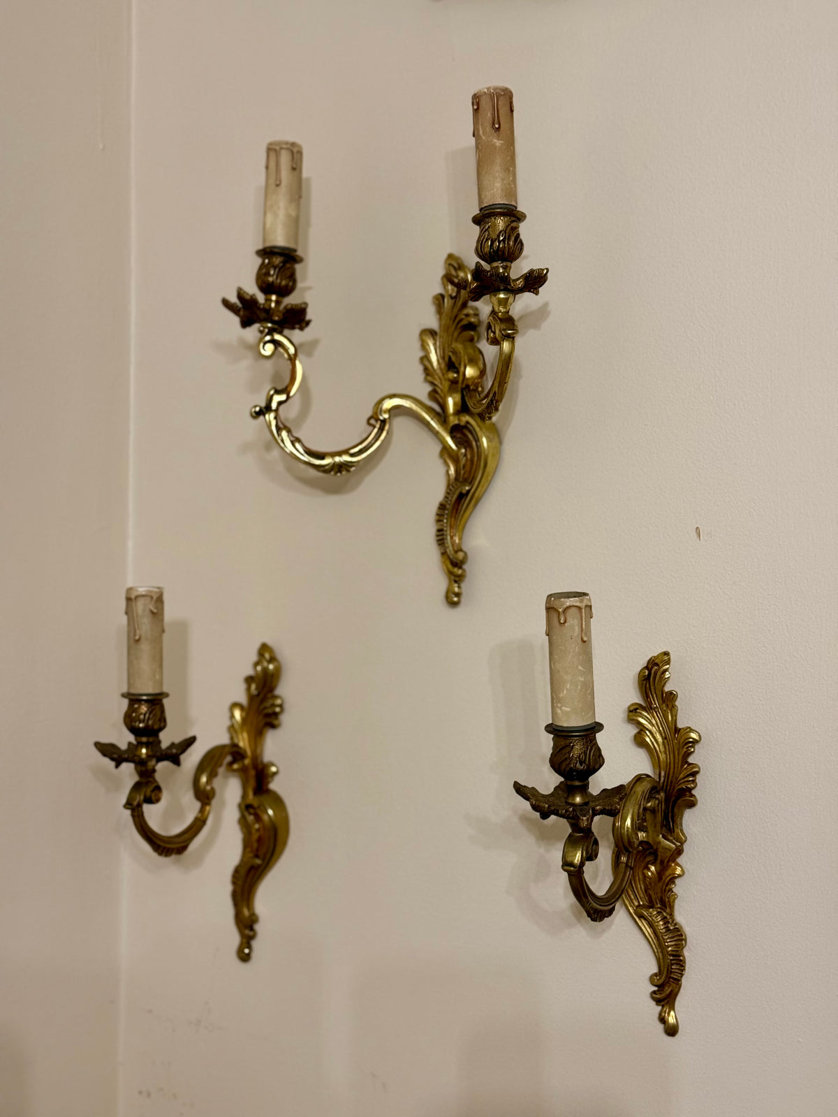 Mid-Century French Brass Rococo Revival Wall Sconces | Set of Three