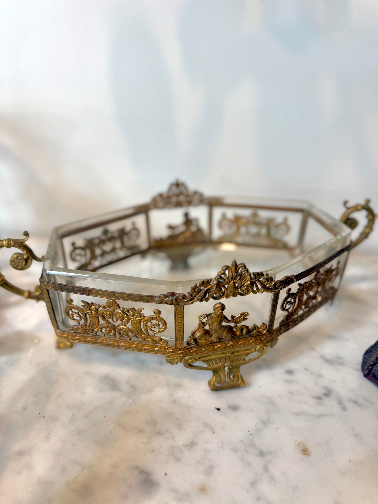 Antique French Gilt Brass Centerpiece with Glass Insert and Mermaid Mounts, Circa 1880-1900