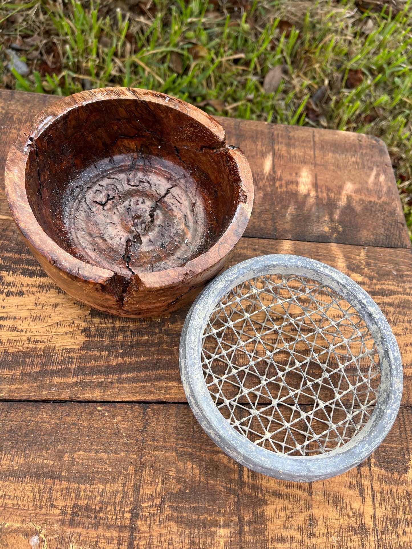 Mid-Century Vase with Burl Wood Base and Wire Frog | Rustic Floral Holder