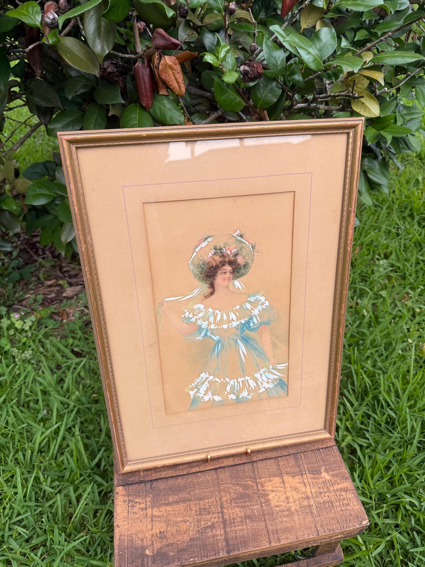 Antique Portrait of Woman in Blue by E. Lewis | Watercolor or Gouache | Framed Romantic Art | Edwardian Style Lady Painting