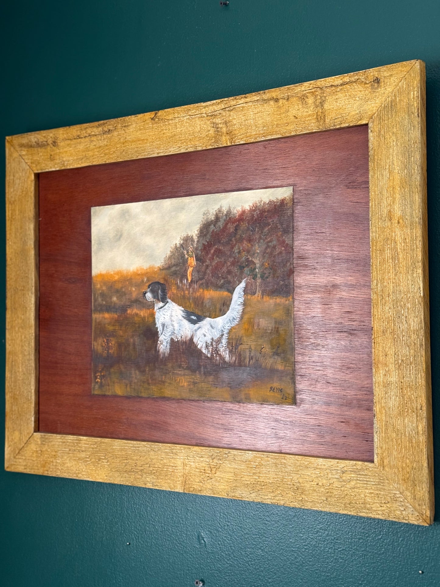 Vintage Sporting Dog Painting, Signed “Belle ’82,” Framed Hunting Scene