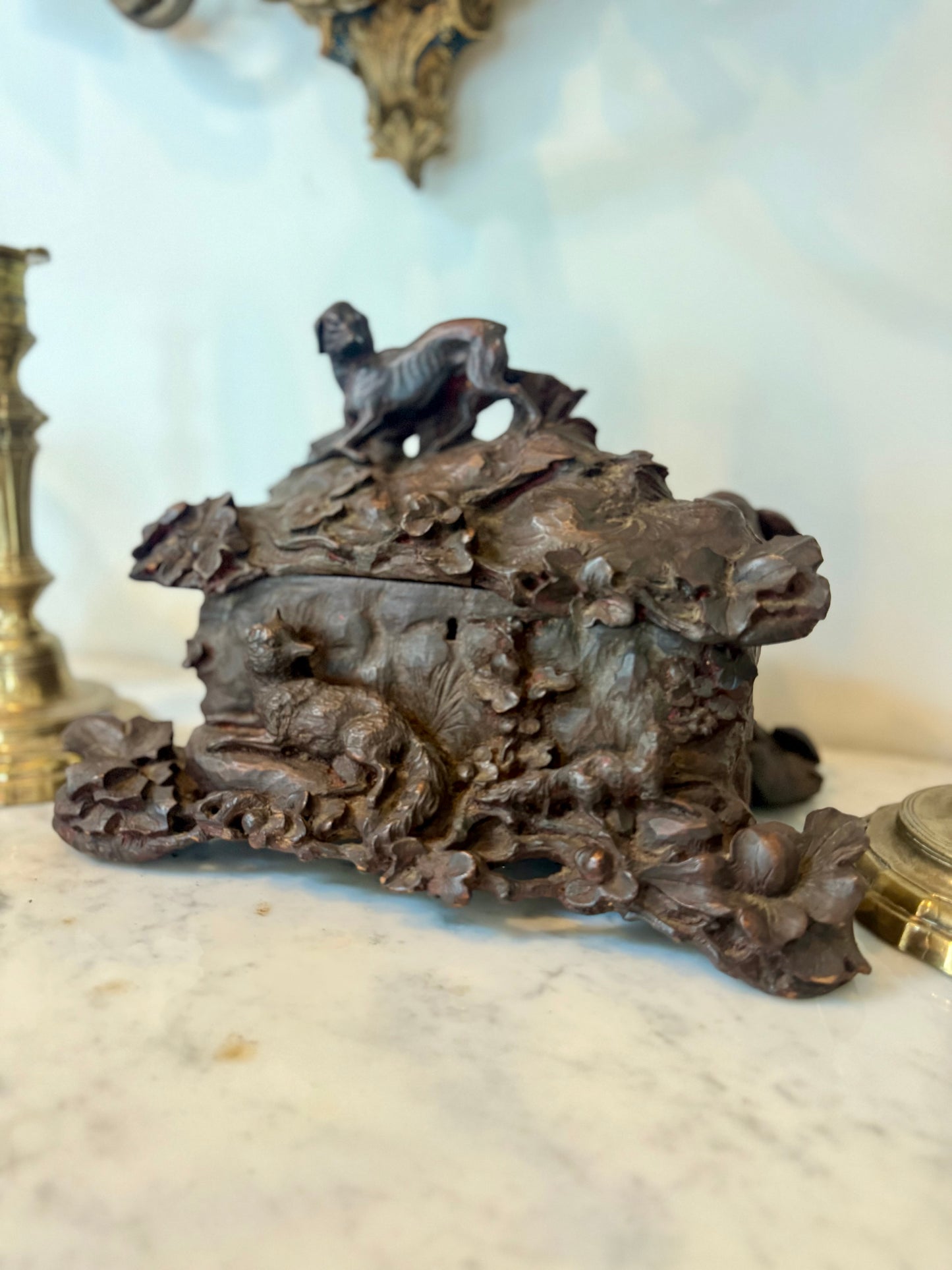 Antique Black Forest Carved Hunt Scene Box with Dog Scene