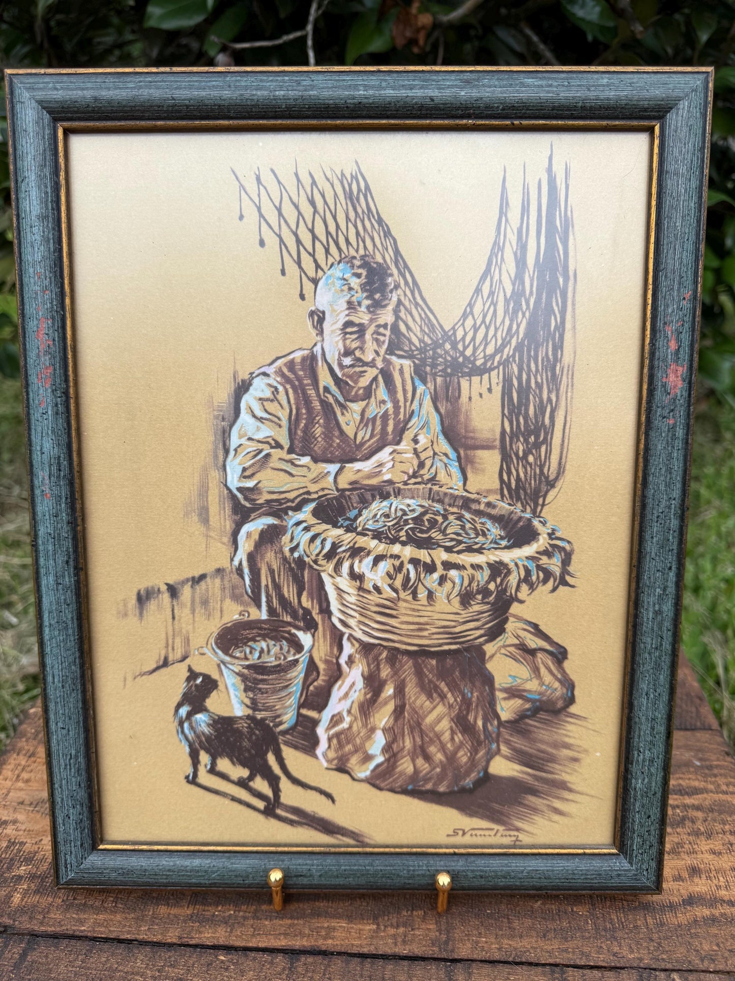 Framed Greek Fisherman Print – Vassiliou 1964 Folk Art with Cat & Nets, 10.5x13.5