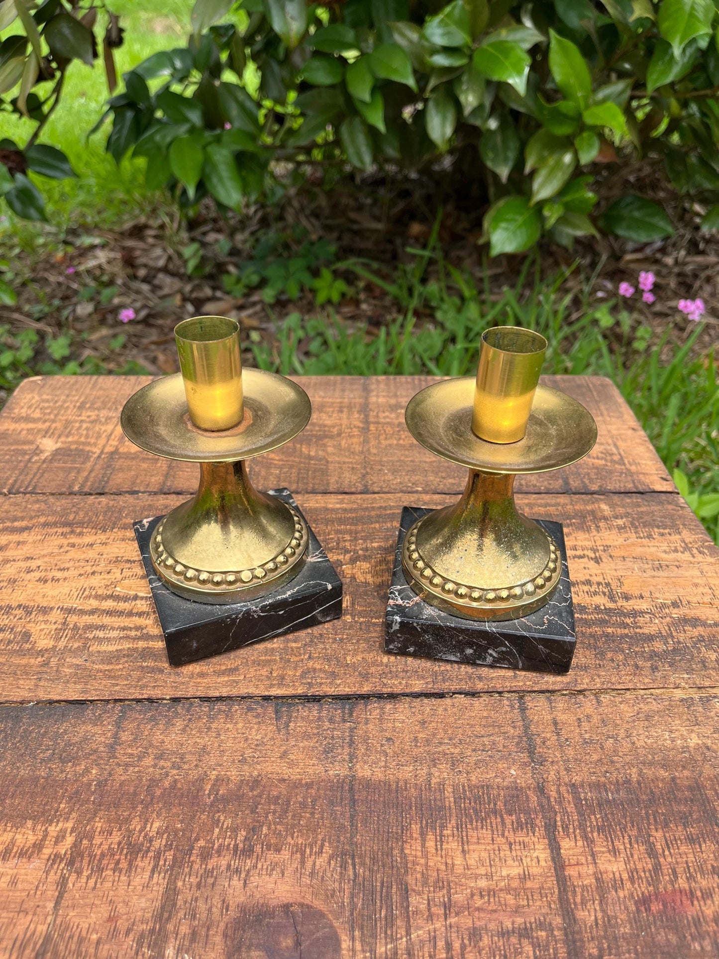 Pair of Brass Mini Candlesticks with Black Marble Bases – Hollywood Regency Table Decor