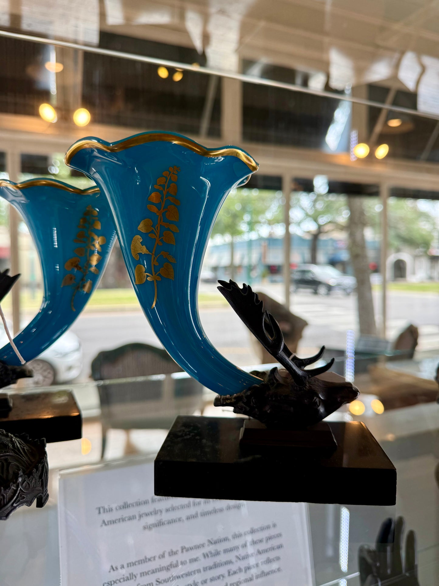 Pair of Victorian Turquoise Glass & Bronze Elk-Head Rhyton Garniture Vases, 19th Century