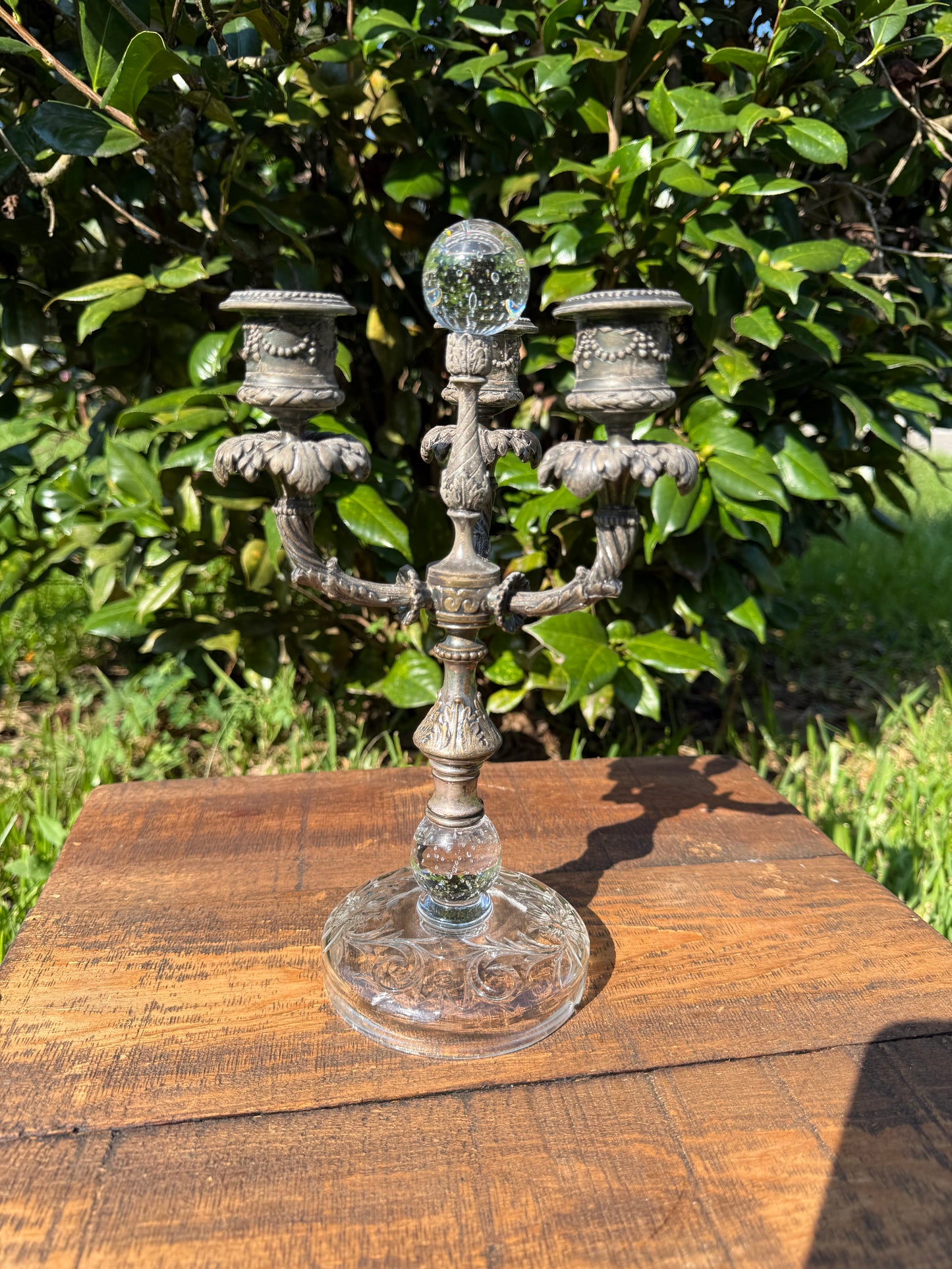 French Three-Arm Spelter and Glass Candelabra with Crystal Orb, c. 1890