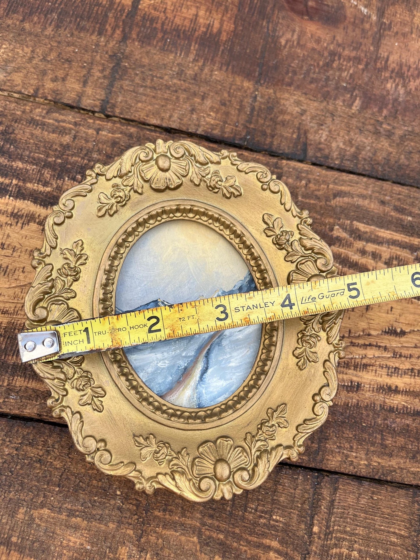 Vintage “A Cameo Creation” Oval Framed Miniature Print – Snowy Mountain Landscape, Rococo Gold Frame, Mid-Century Wall Art