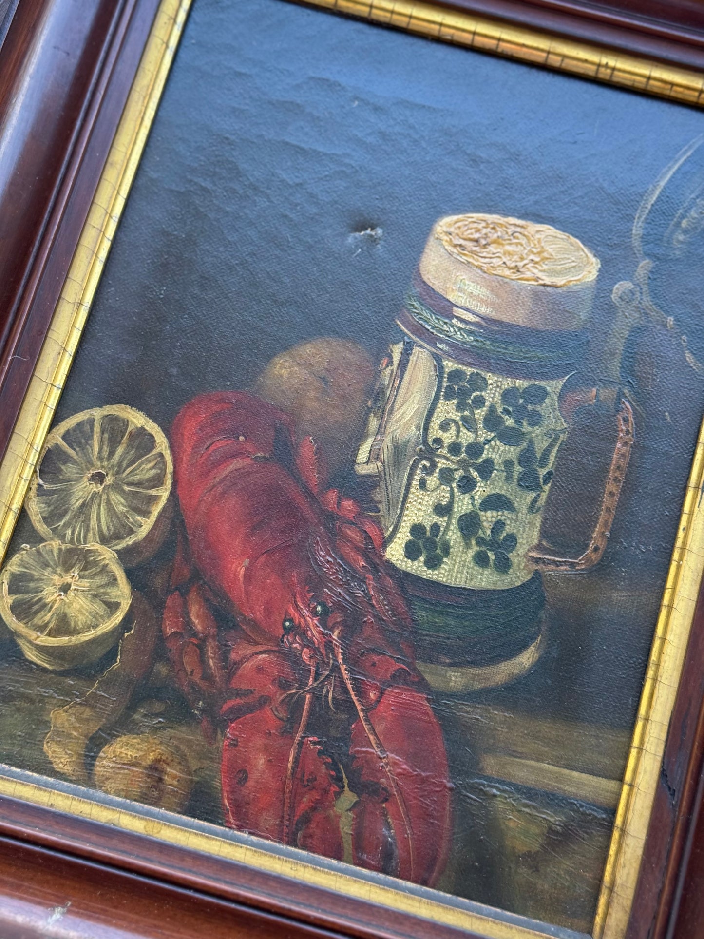 Antique 19th-C Still Life Oil Painting | Lobster, Lemons & Stein | 9x12 in Original Walnut Frame