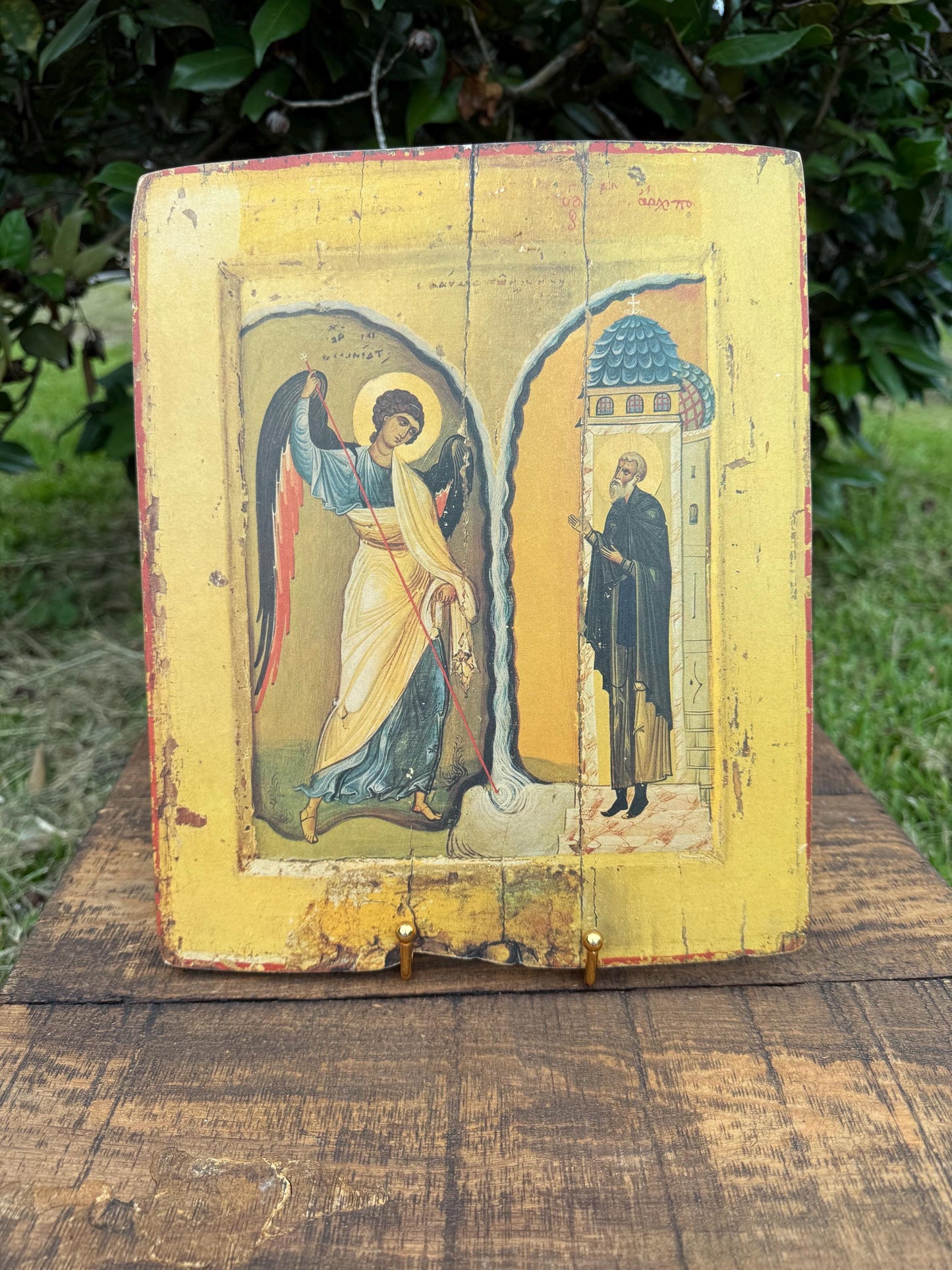 Greek Orthodox Icon of the Miracle at Chonae, Archangel Michael & Saint, Hand-Painted Wood Panel from Thessaloniki