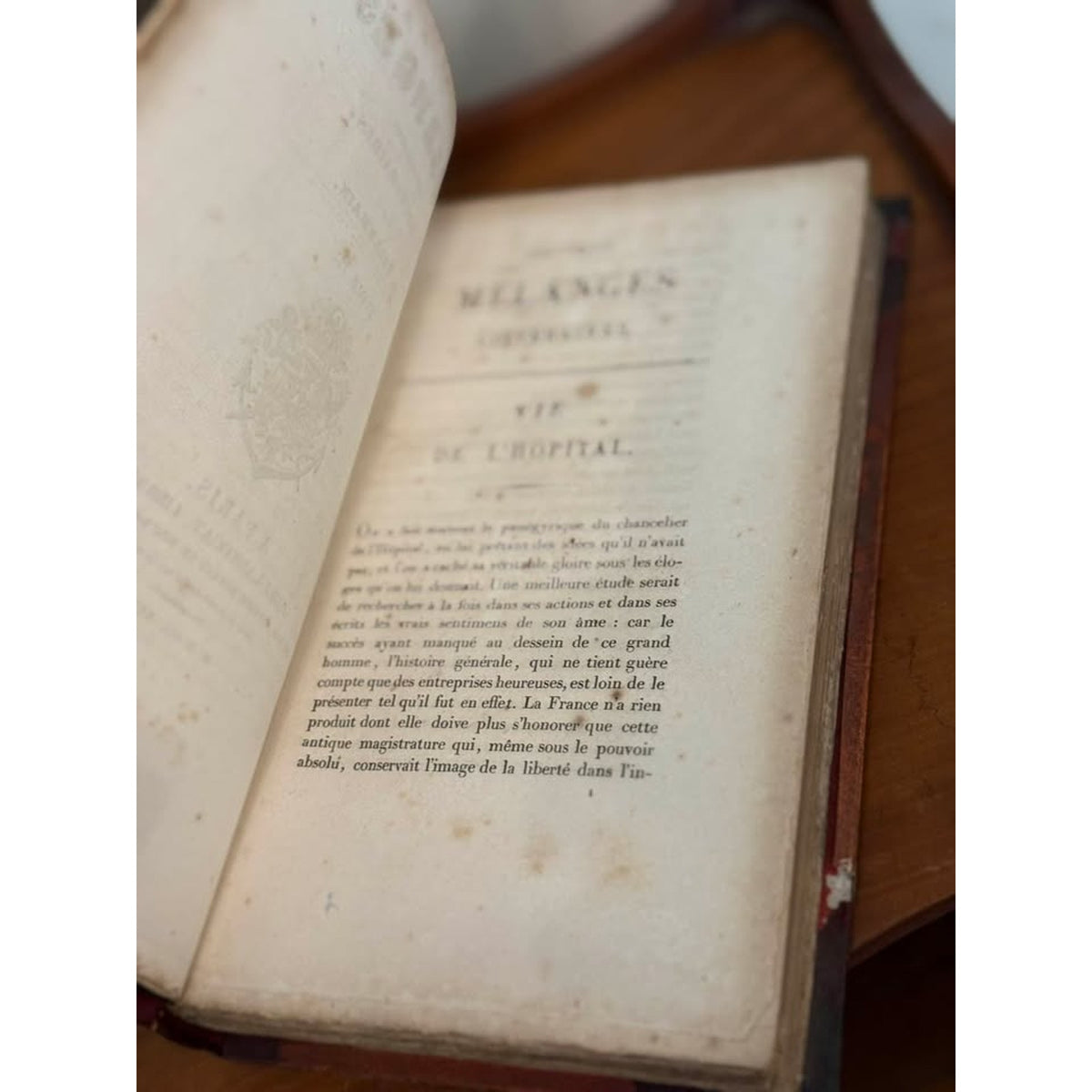 1828 Antique French Leather Bound Book, Villemain, Gilt Decorated Spine