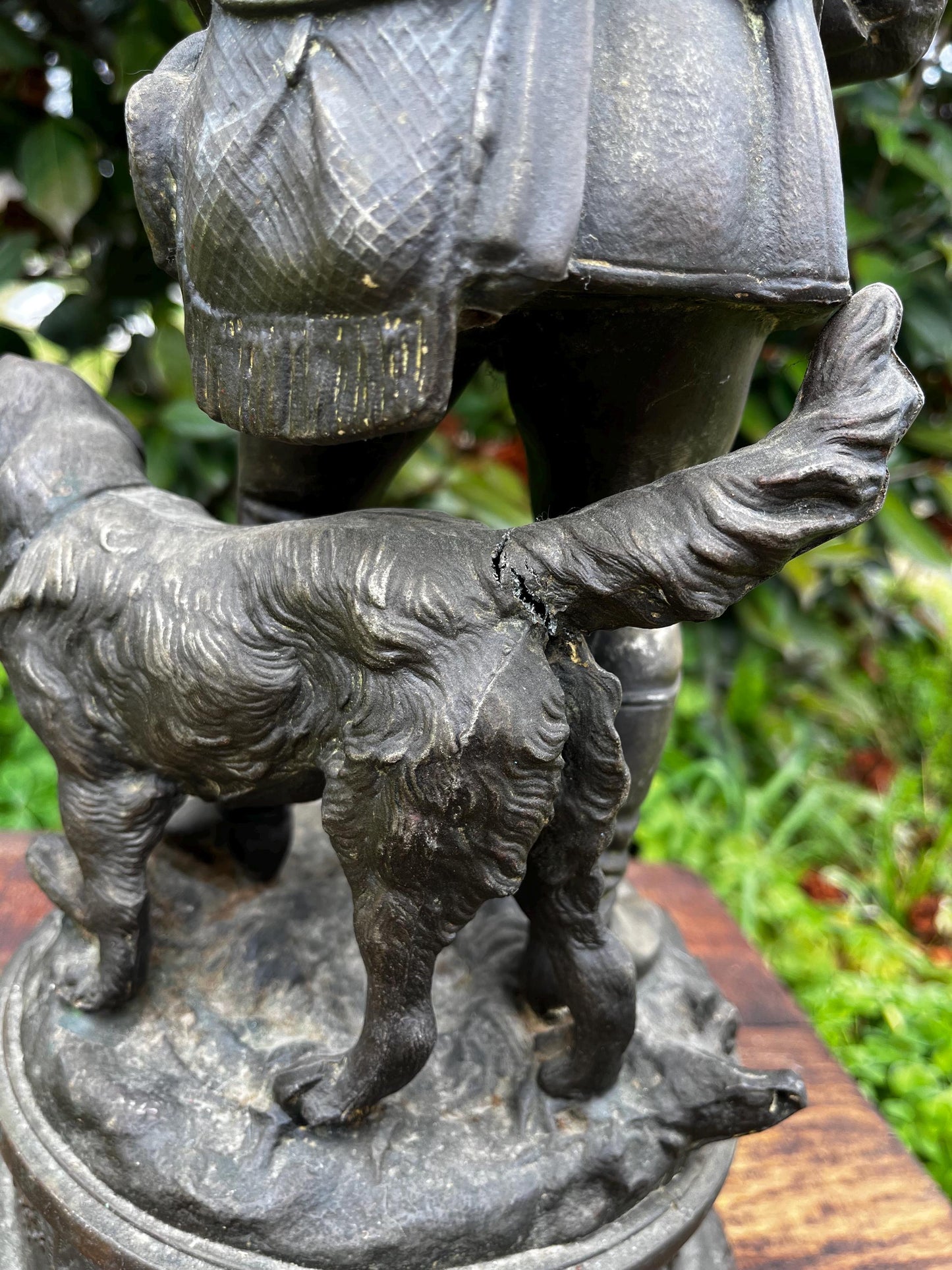 Large Antique Spelter Hunter Lamp Base – 19th C. Rustic Lodge Decor, Dog Figurine, Verdigris Patina, Bronze Finish