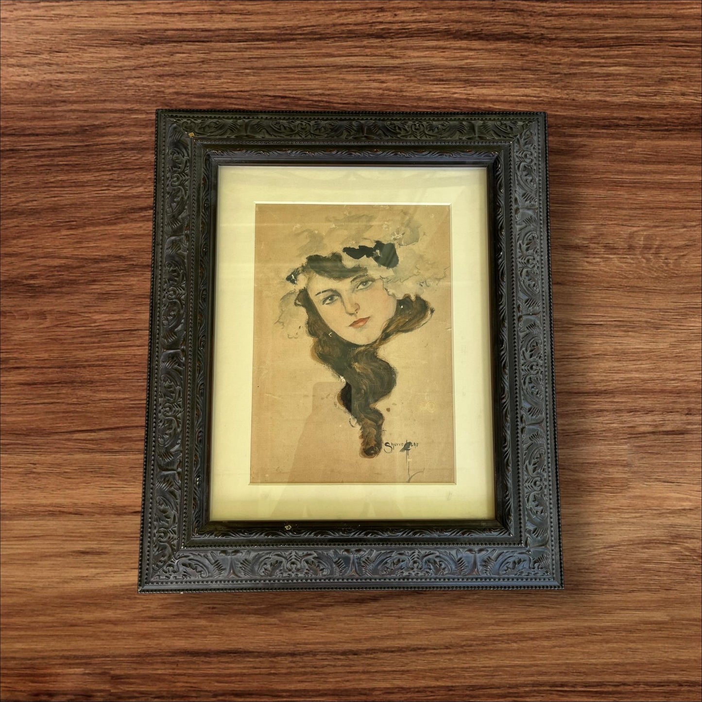 Early 1900s Watercolor Portrait | Impressionist Art Nouveau Style | Woman in Feathered Hat | 16x19 Framed