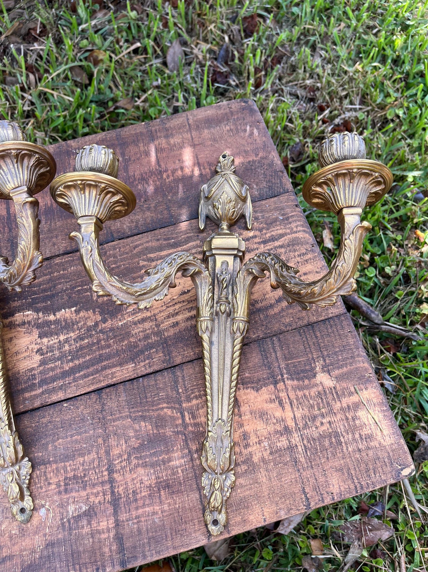 Pair of Antique French Brass Wall Sconces – Neoclassical Candle Holders, Louis XVI Style, Double Arm Wall Lights