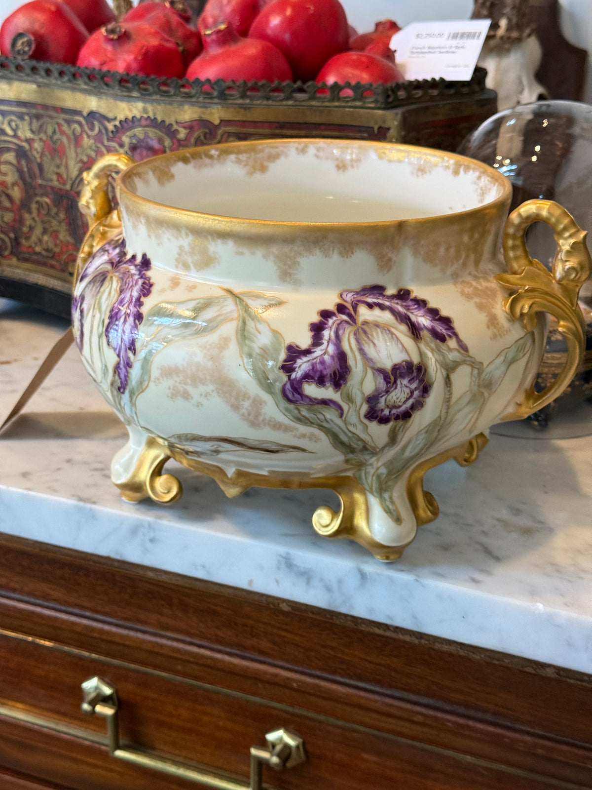 Antique Hand-Painted Limoges Porcelain Jardinière with Purple Irises & Gilt Handles