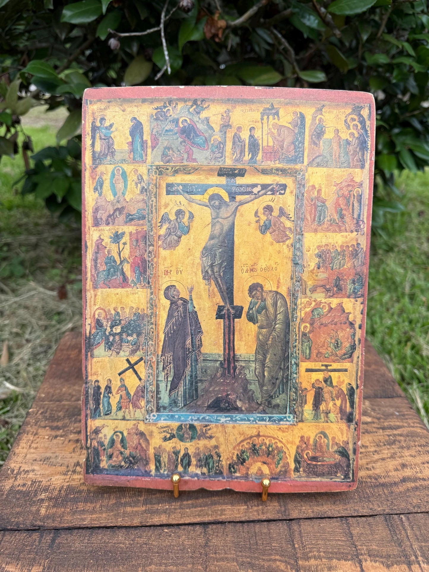 Greek Orthodox Crucifixion Icon with New Testament Scenes | Vintage Thessaloniki Icon Panel, 12x9"
