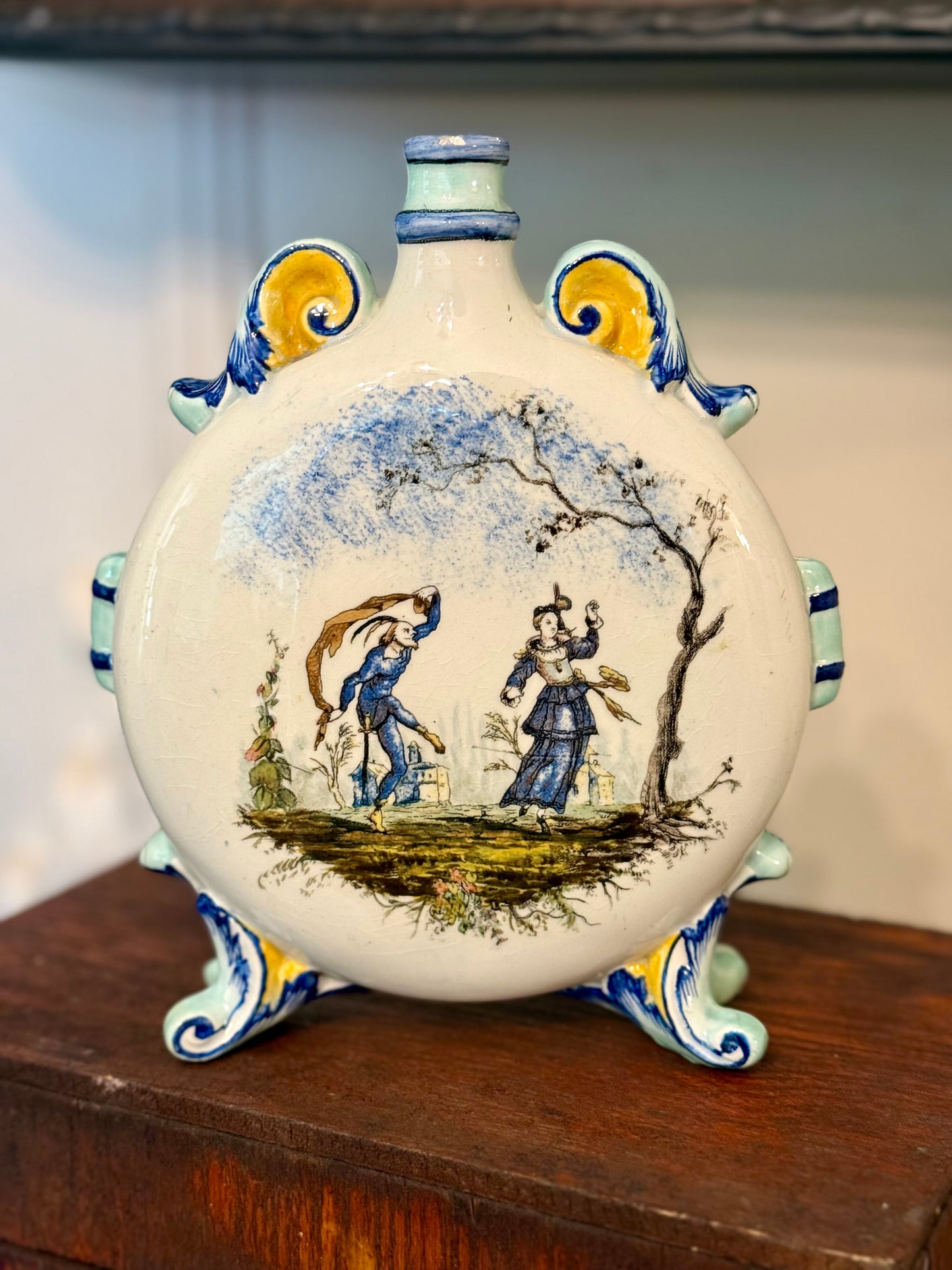 Antique French Faience Pilgrim Flask with Rococo Courtly Scenes