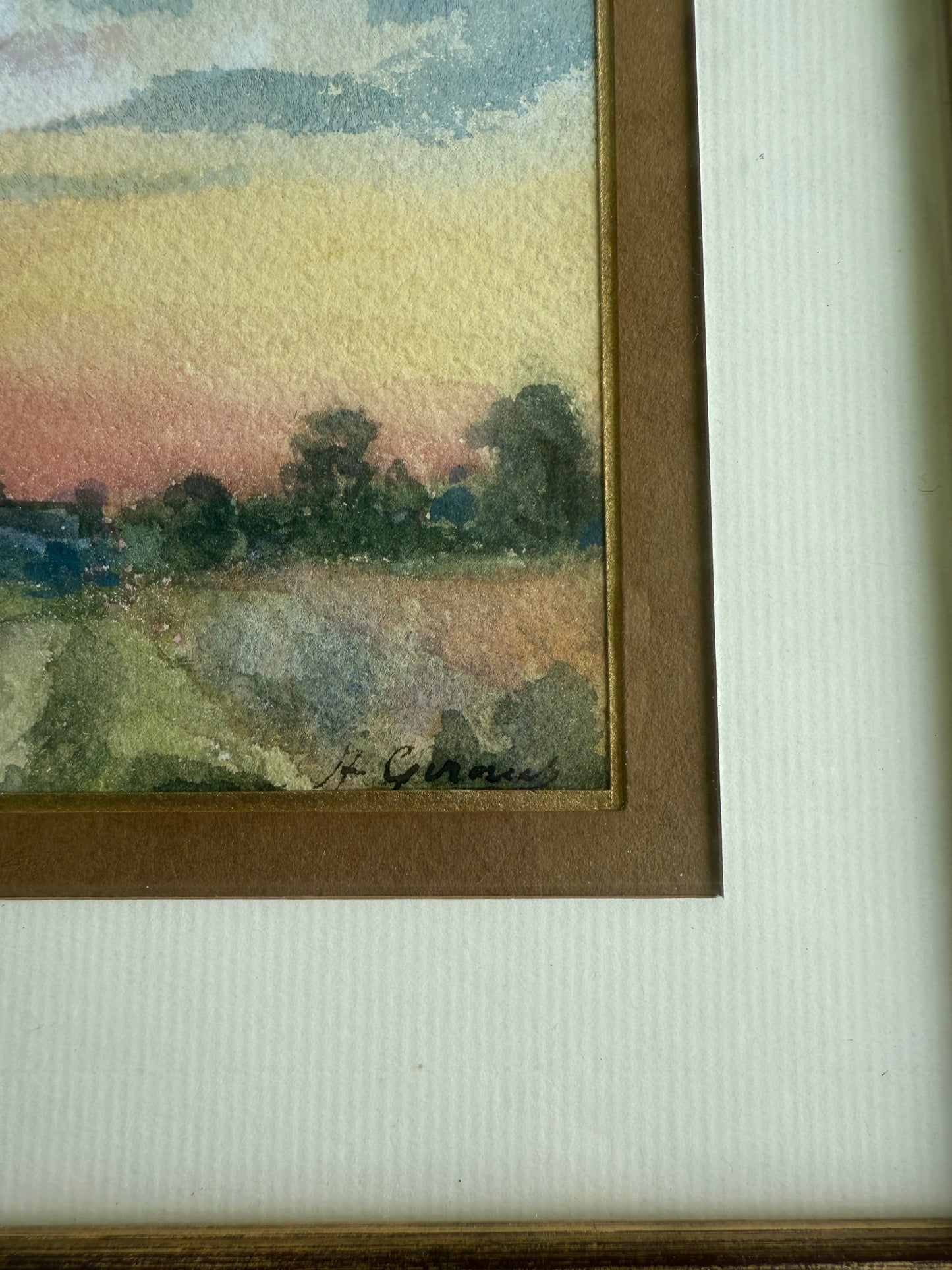 A. Giraud (1910) French School Influence Watercolor – Countryside Road at Sunset