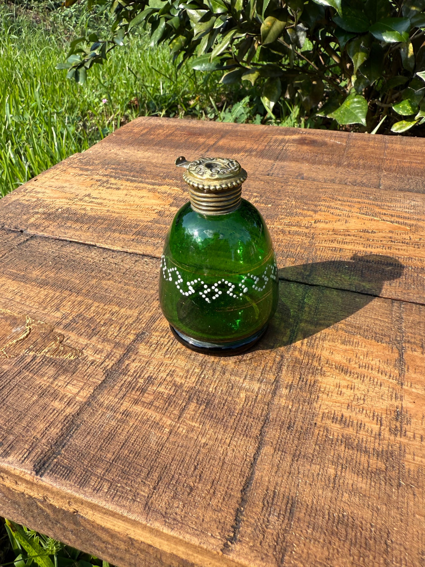 Victorian Green Glass Perfume Bottle with Brass Mounts, c. 1870–1890