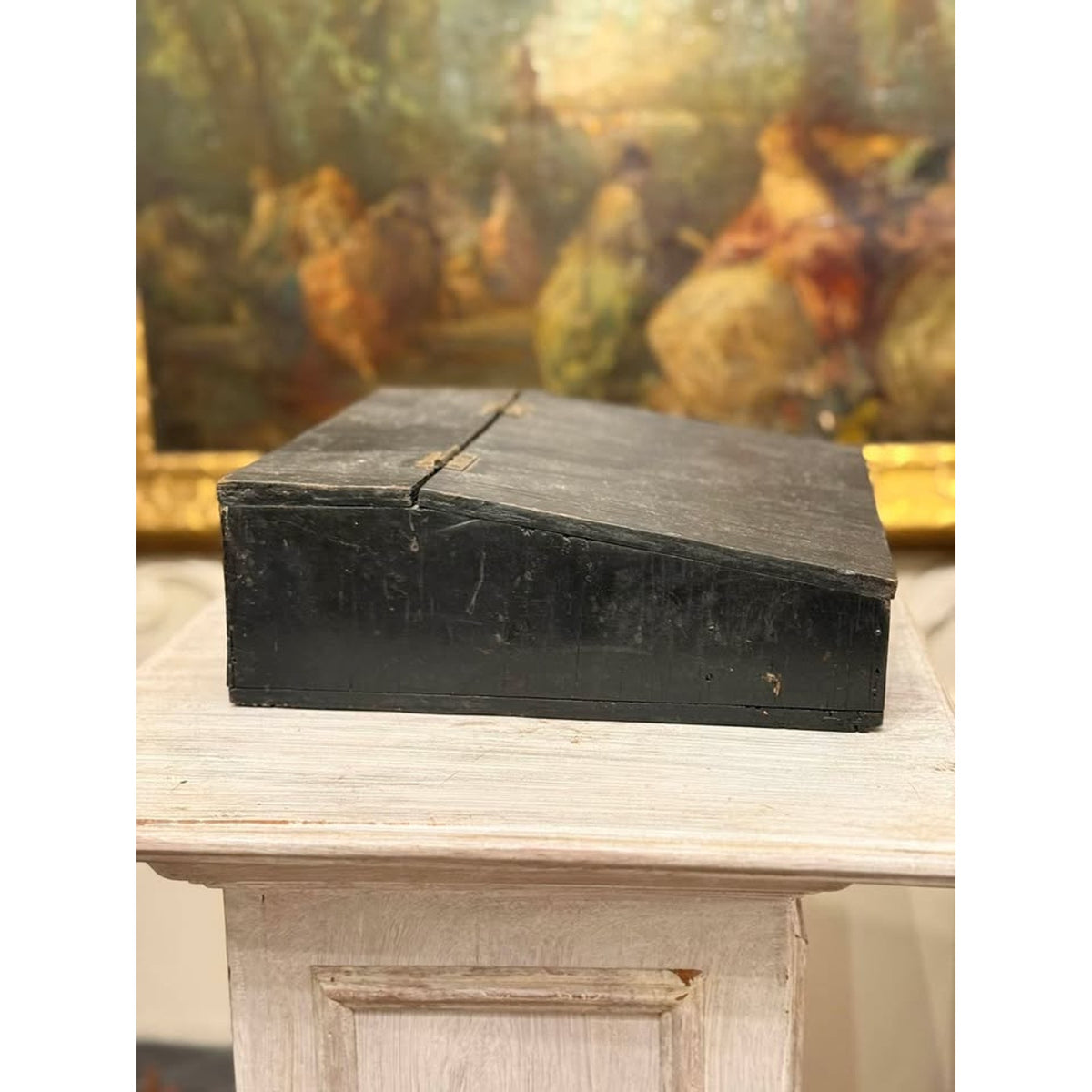 Antique Primitive Black Painted Wooden Bible Box, Slant Top Storage Chest