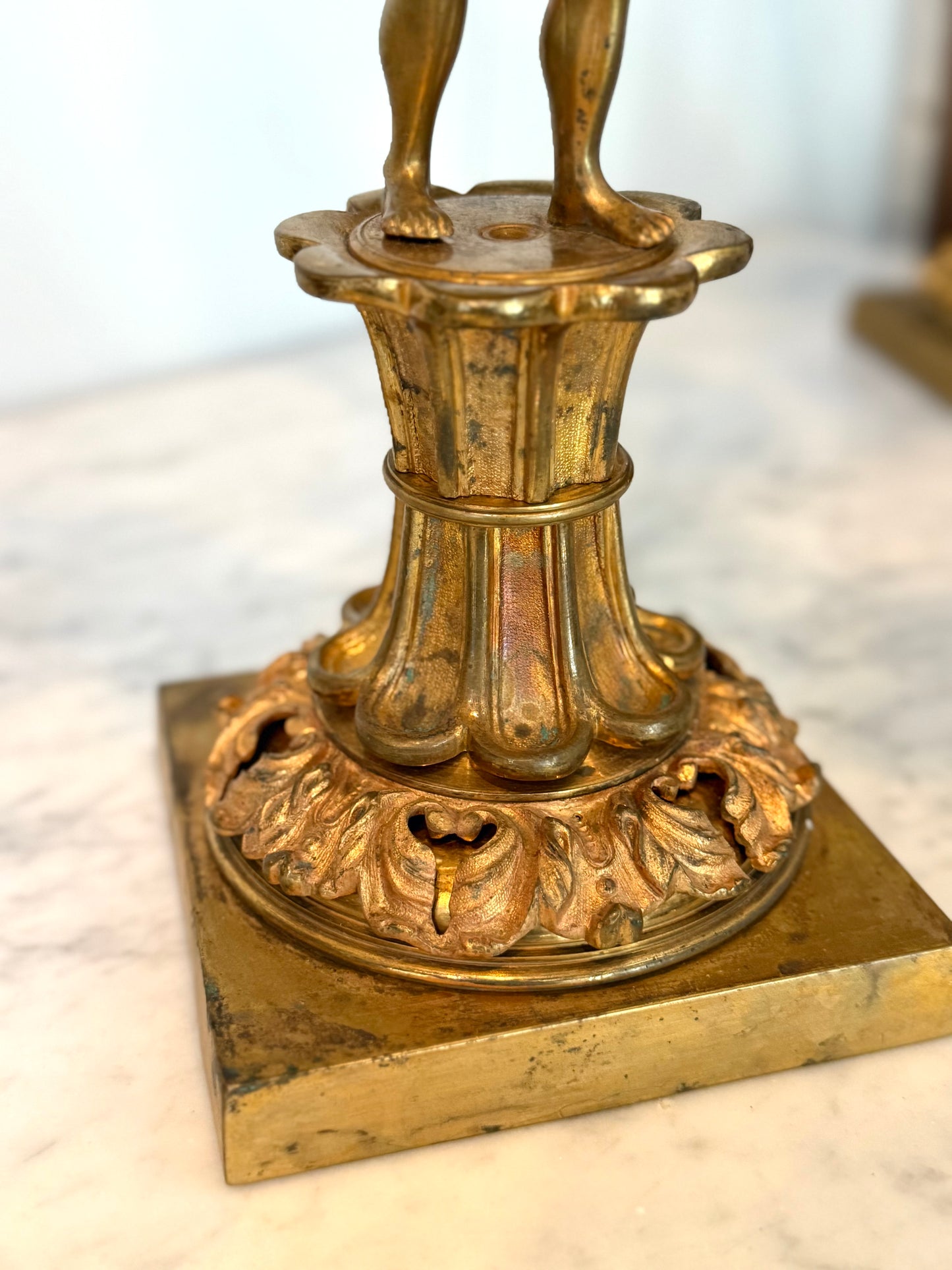 Pair of American H.N. Hooper & Co. Gilt Brass Figural Candelabra, c. 1840