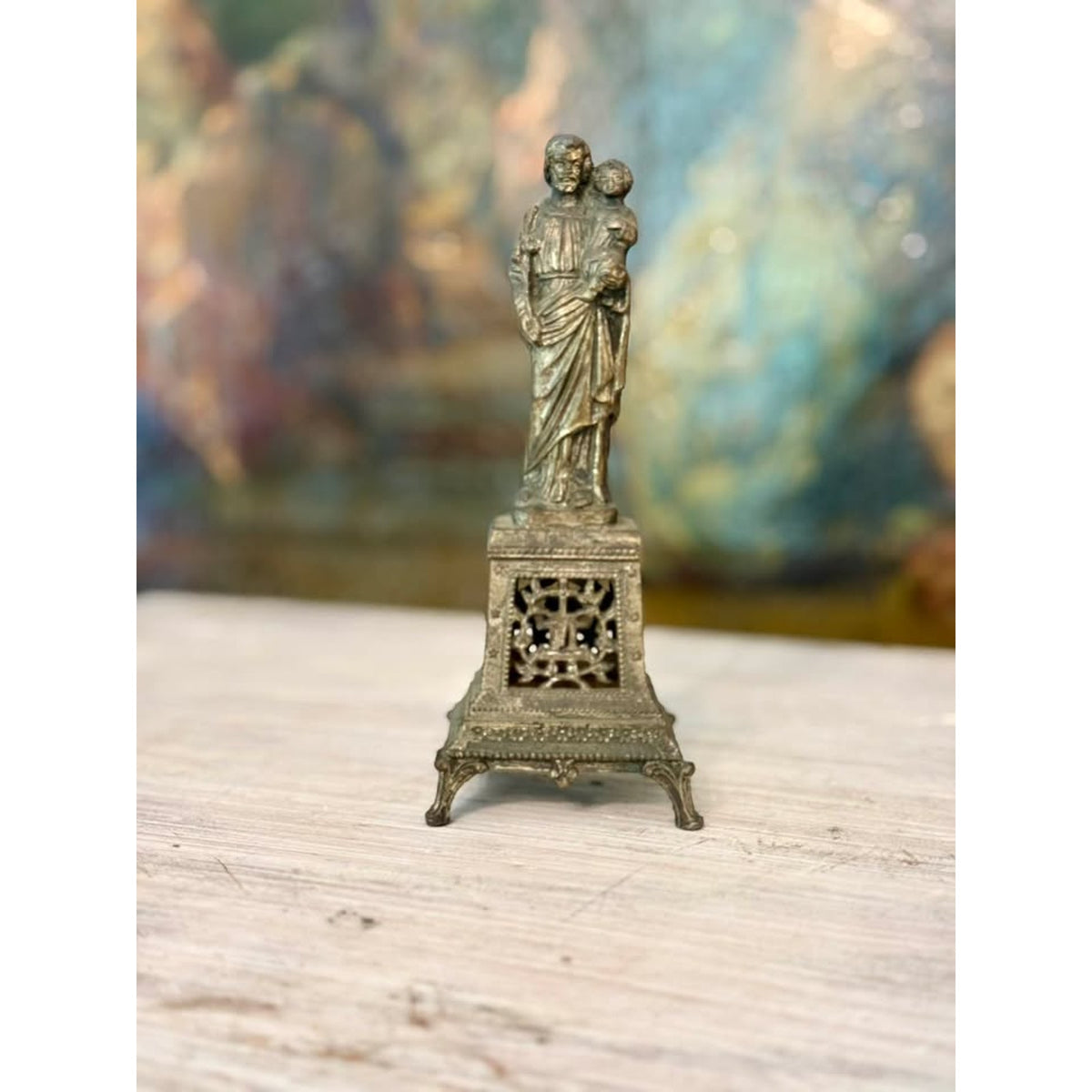 Vintage Saint Joseph with Christ Child Metal Devotional Statue