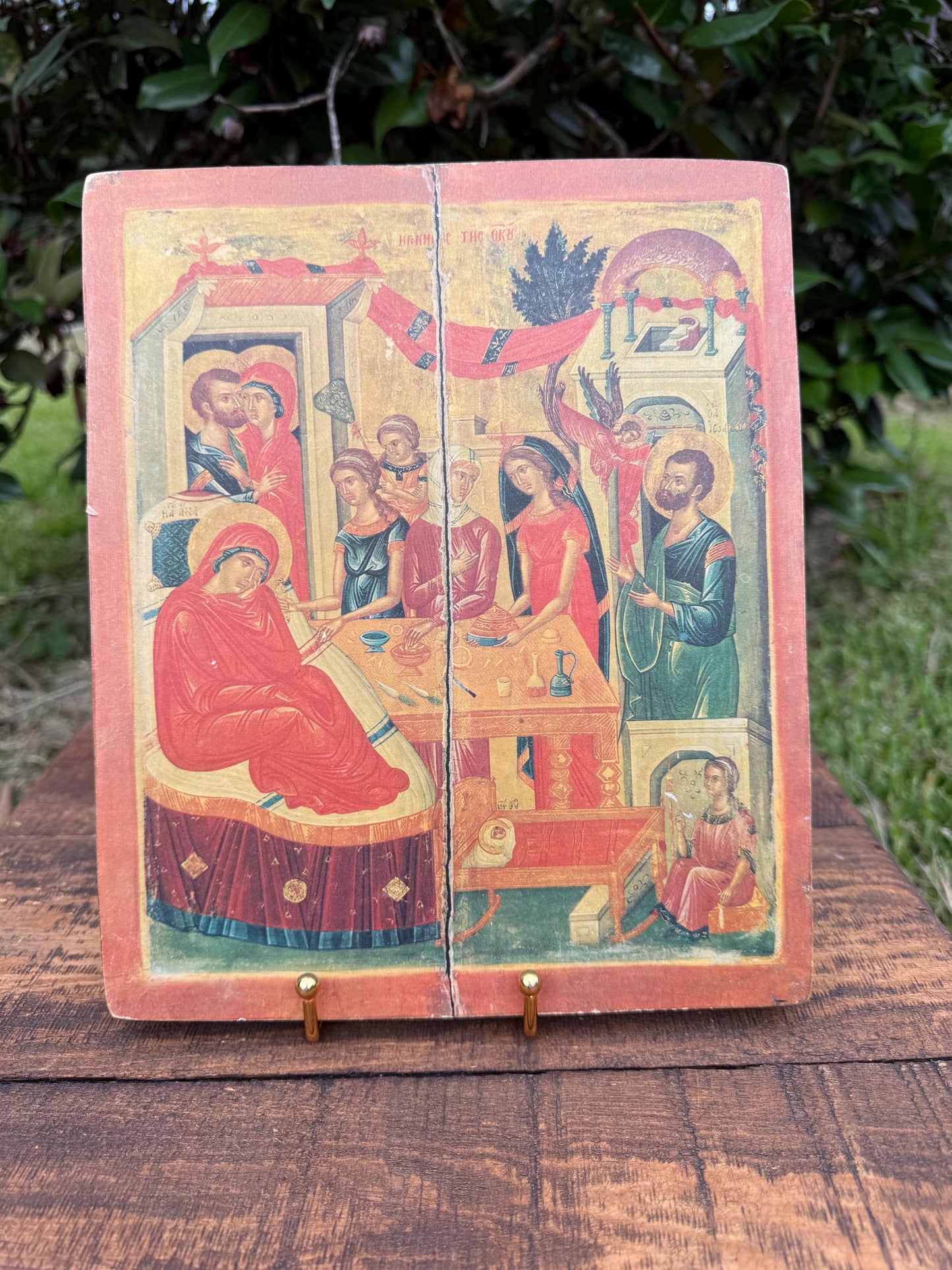 Greek Orthodox Icon of the Nativity of the Virgin | Vintage Thessaloniki Religious Art on Board