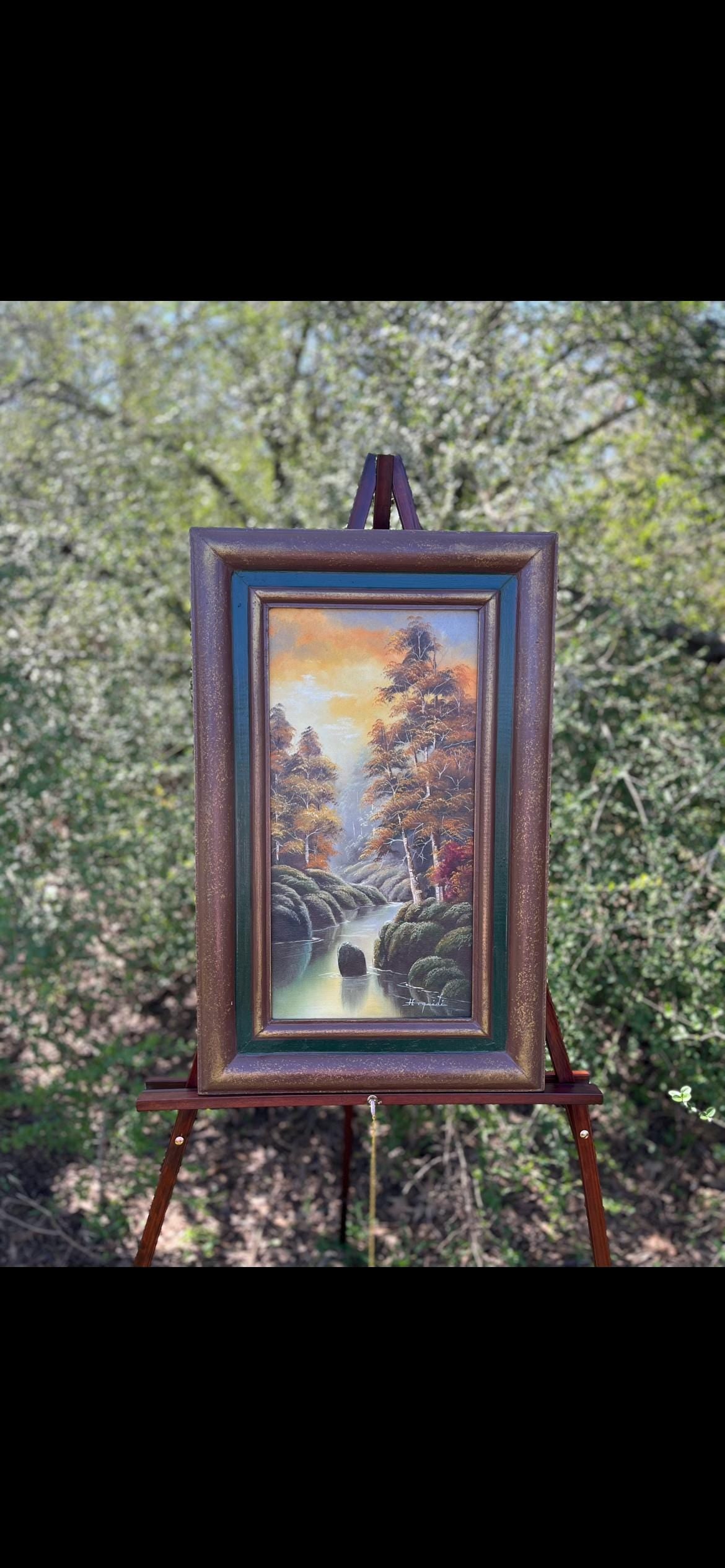 H. Roquidi Original Oil Painting – Tall River Landscape with Trees – Framed Rustic Art