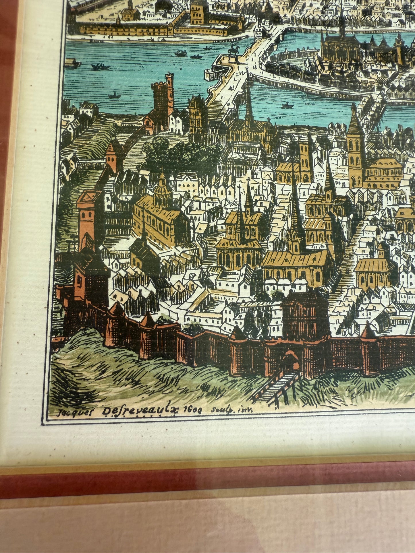 Hand-Colored Engraving of 1600 Paris by Jacques Desfreseaux – Framed