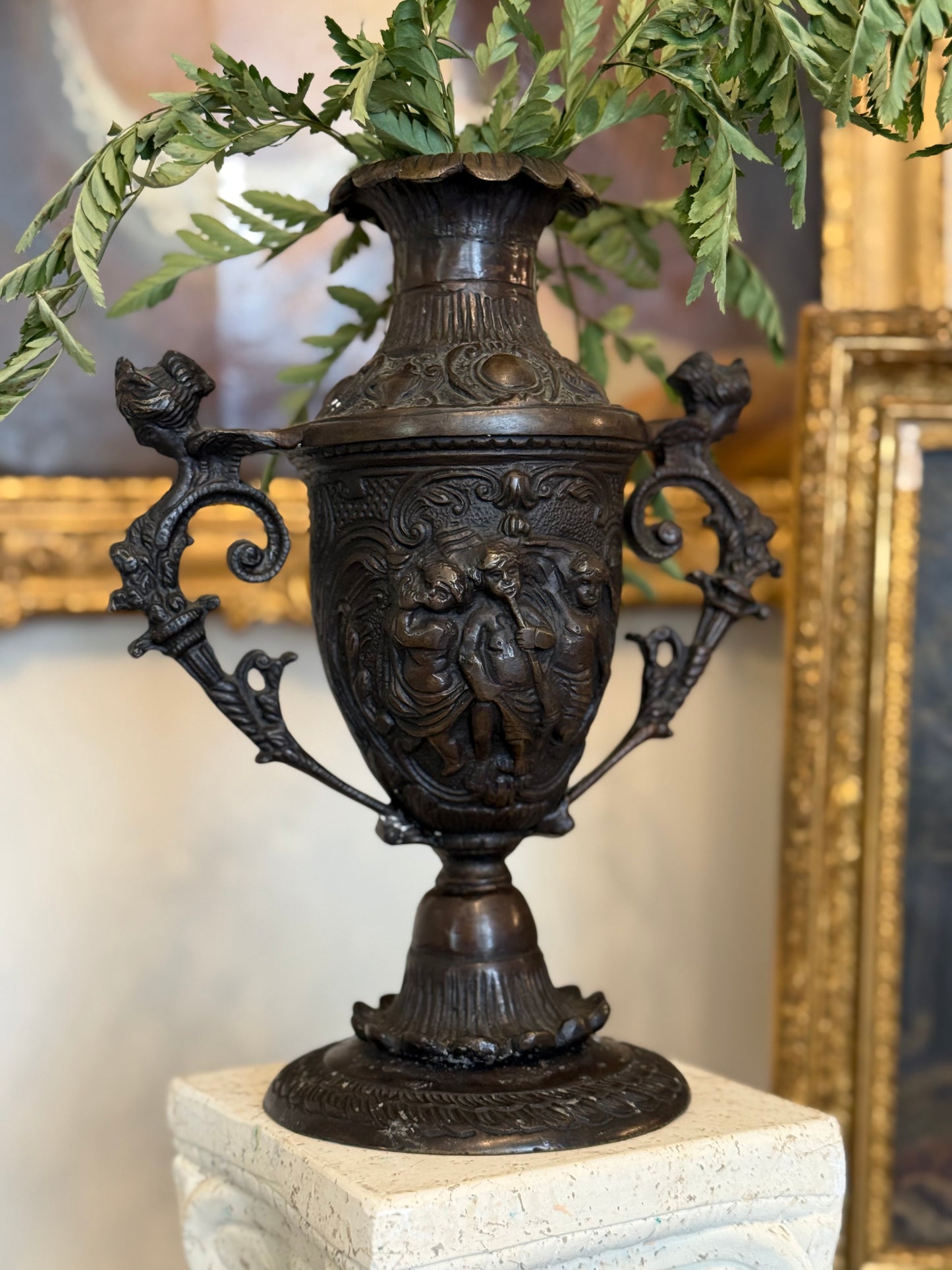 Antique Cast Bronze Figural Urn Vase