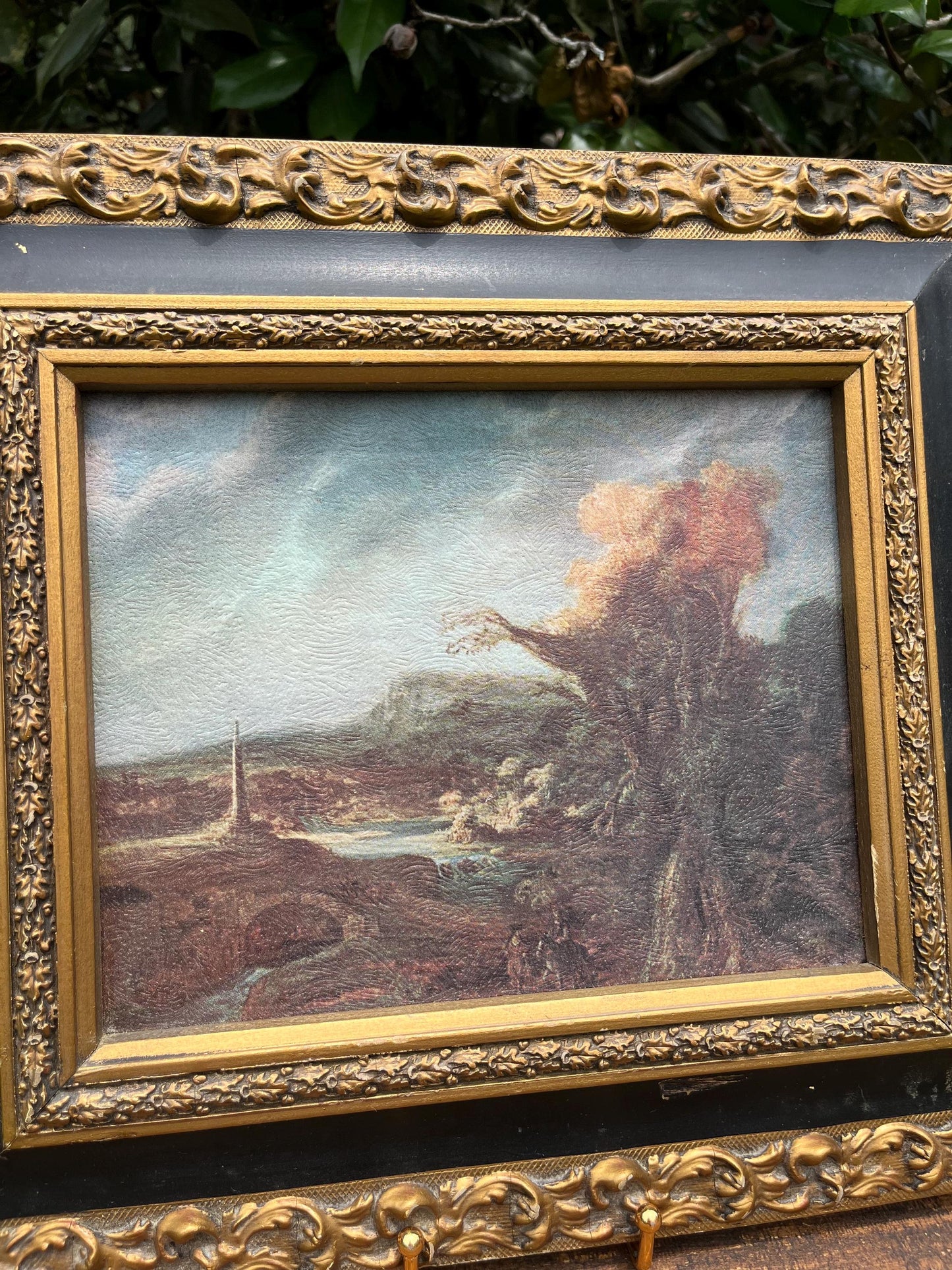 Vintage Framed Landscape Print – Moody Tree Scene in Ornate Black & Gold Frame