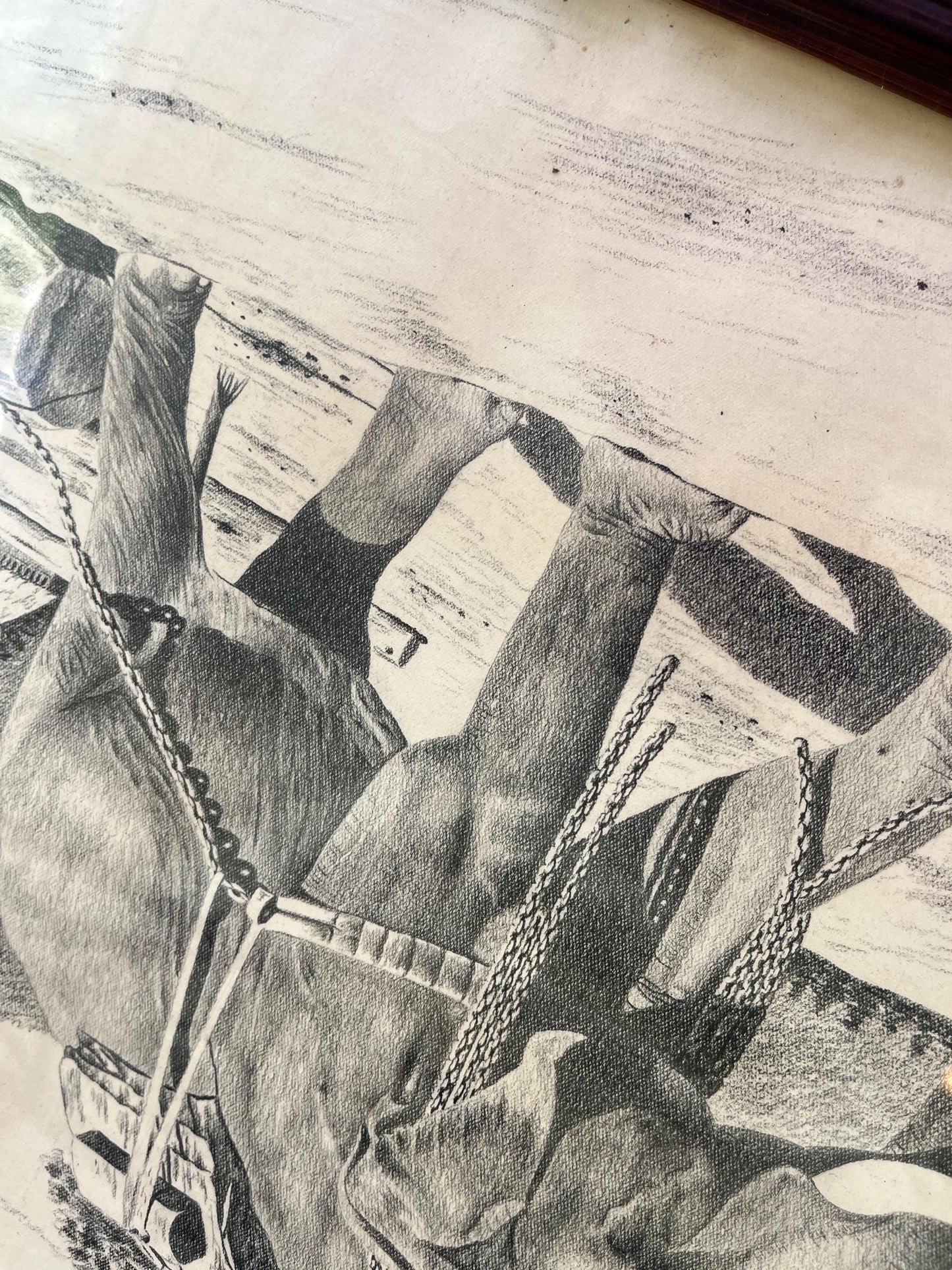 Graphite Drawing of Logging Elephants | Mid-Century Thai Art by Niwat | Chiang Mai, Siam Scene