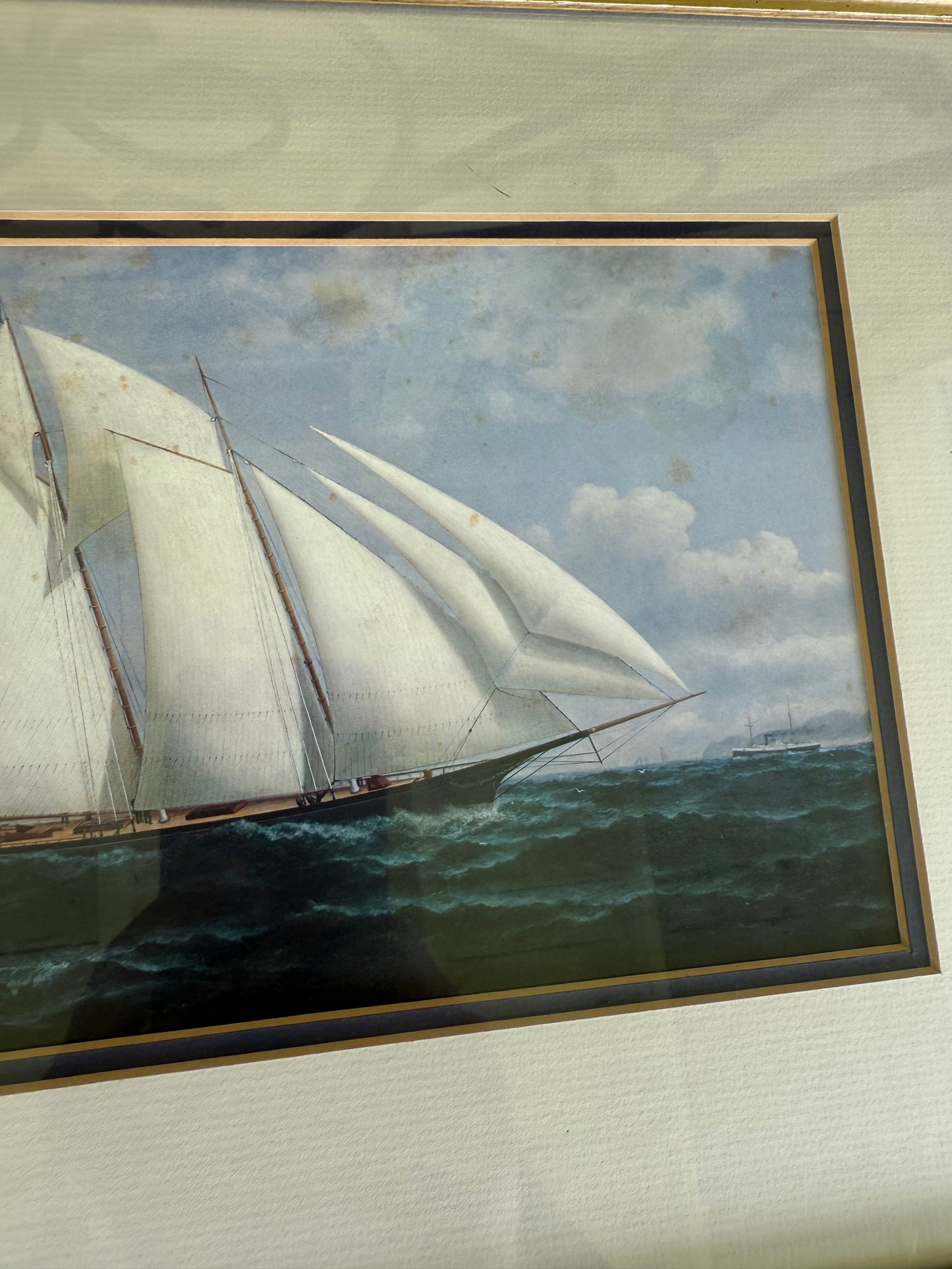 Sailing Yacht Chromolithograph, Framed Maritime Scene
