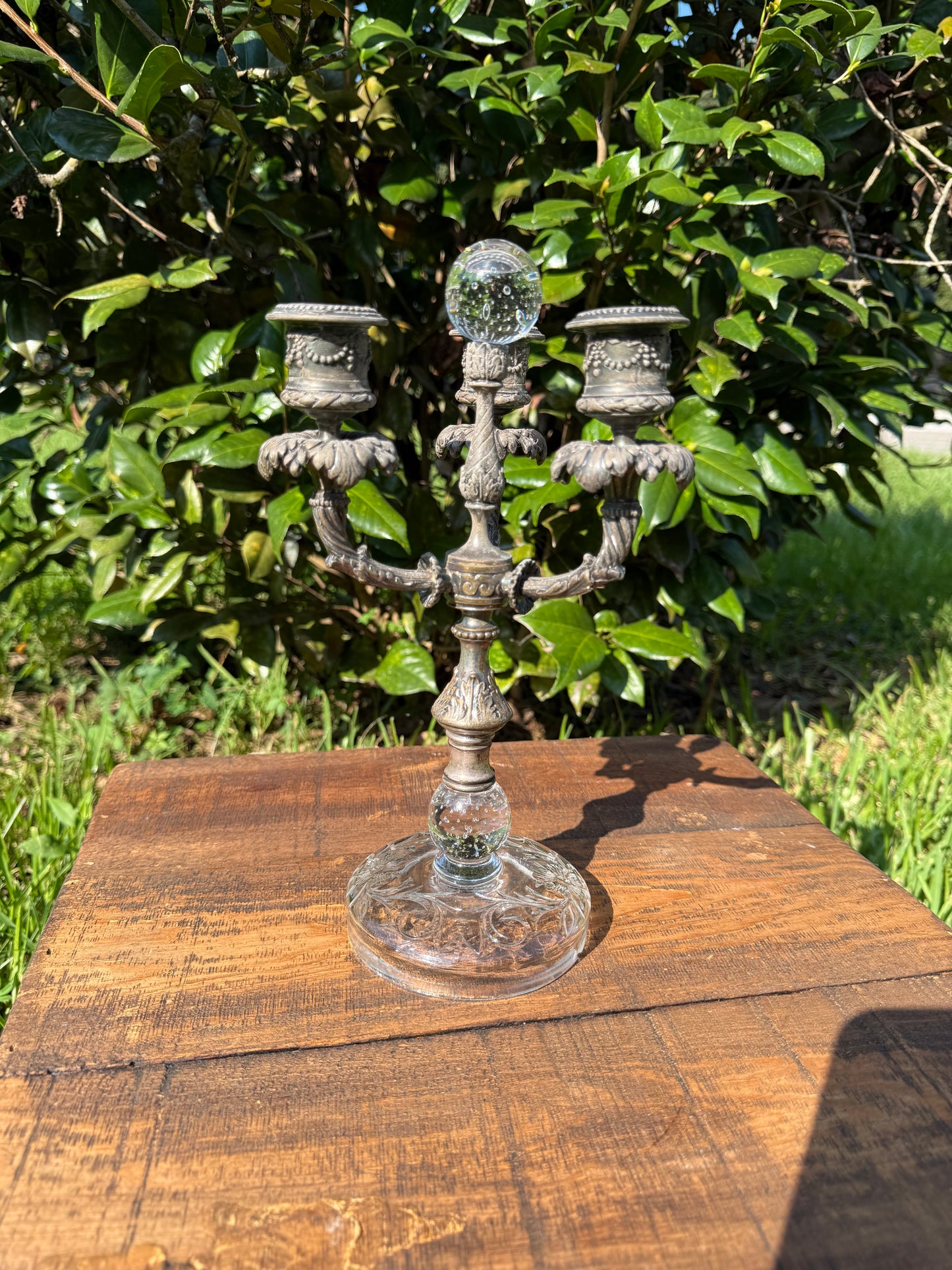 French Three-Arm Spelter and Glass Candelabra with Crystal Orb, c. 1890