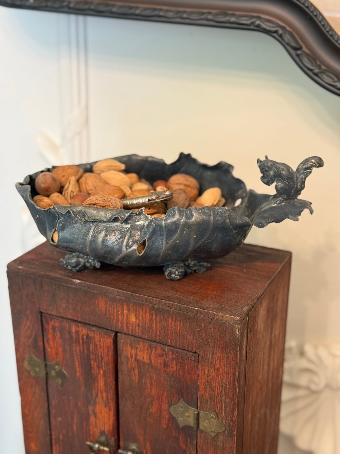 Antique Victorian Silverplate Figural Squirrel Nut Bowl in Leaf Form, Circa 1900