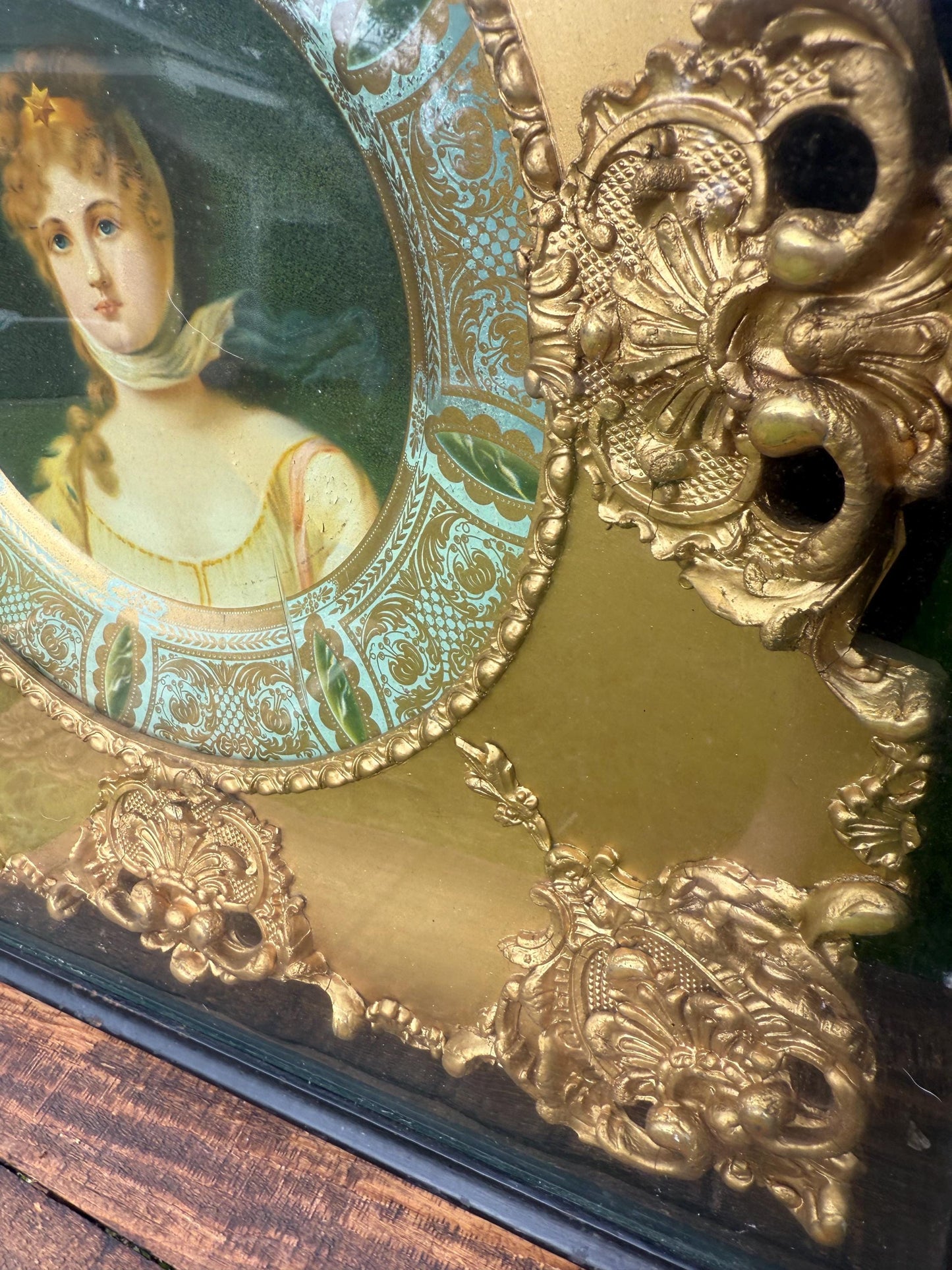 Antique Vienna Portrait Plate with Gilded Brass Mat | Early 1900s Hand-Painted Porcelain Lady Portrait, Framed