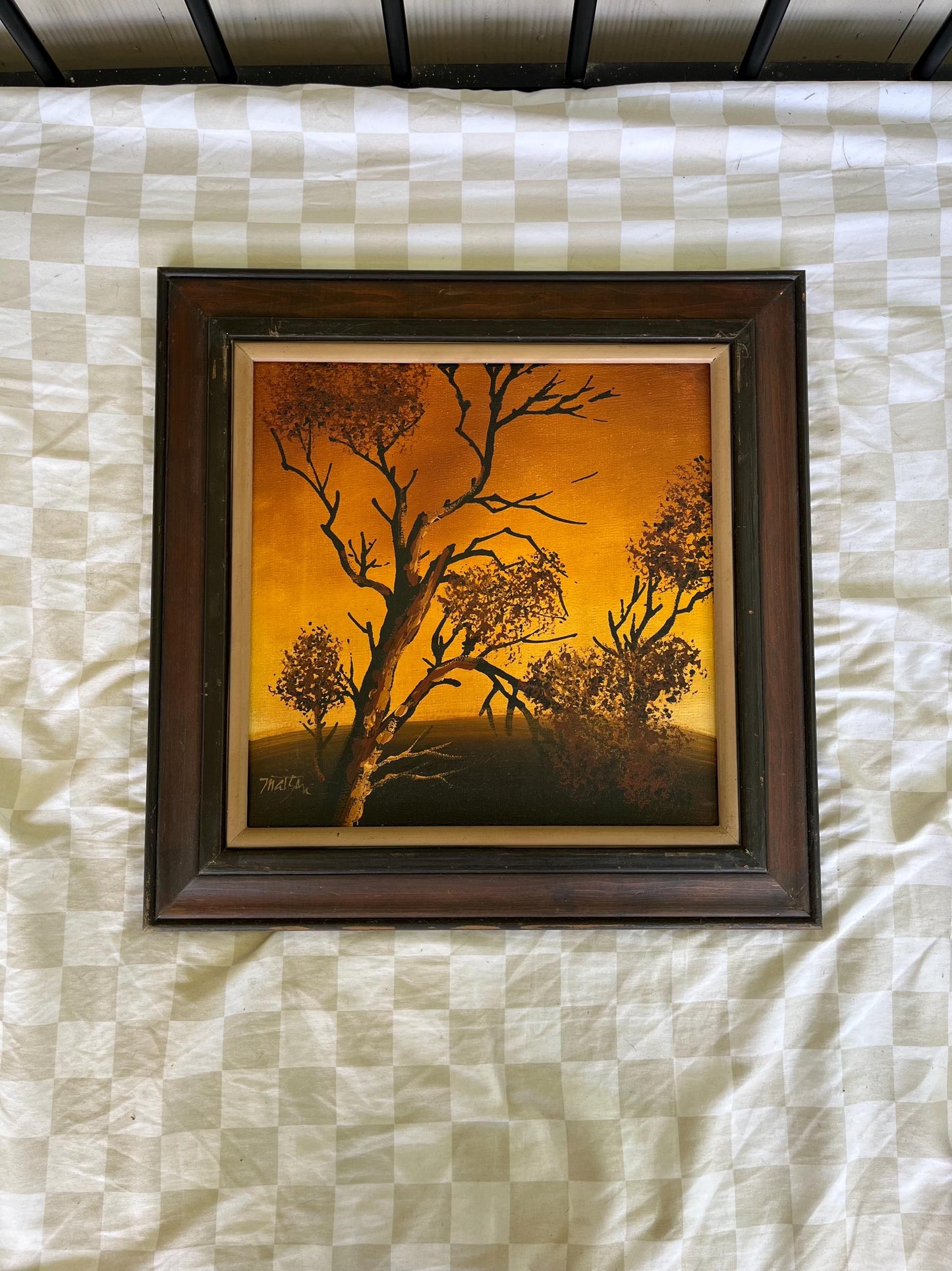 Vintage Oil Painting of Tree at Sunset | 1960s–70s Silhouette Landscape | Glowing Orange Sky Art