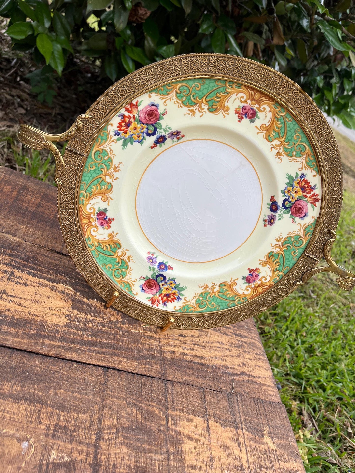 Crown Ducal Ware England Cabinet Plate – Rococo Floral Border, Rare Brass Lined Rim & Handles