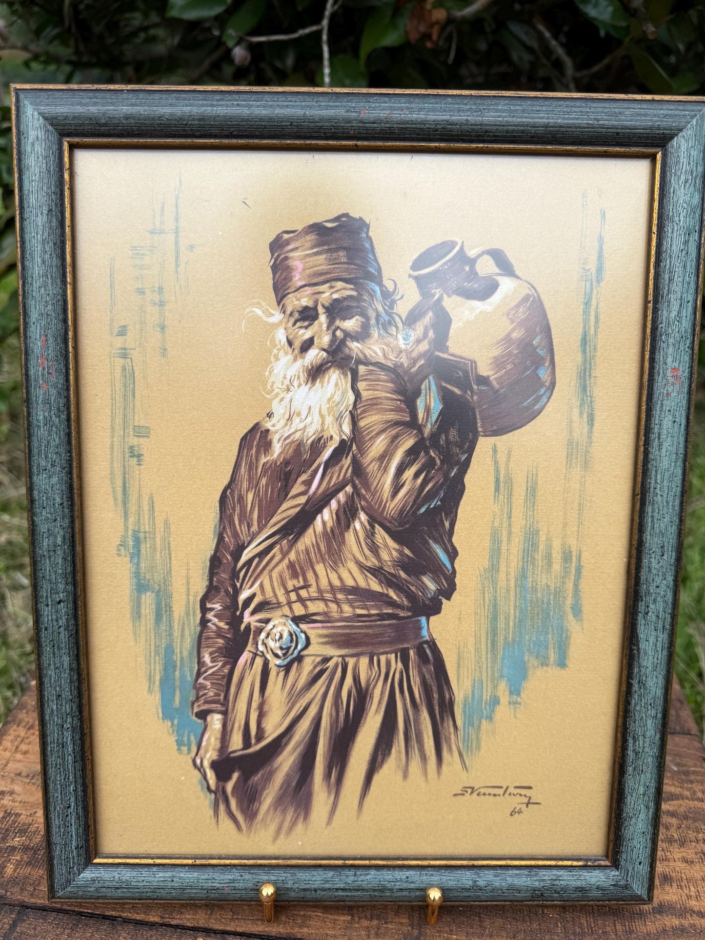 Framed Greek Water Bearer Print – Vassiliou 1964 Folk Art Portrait, 10.5x13.5