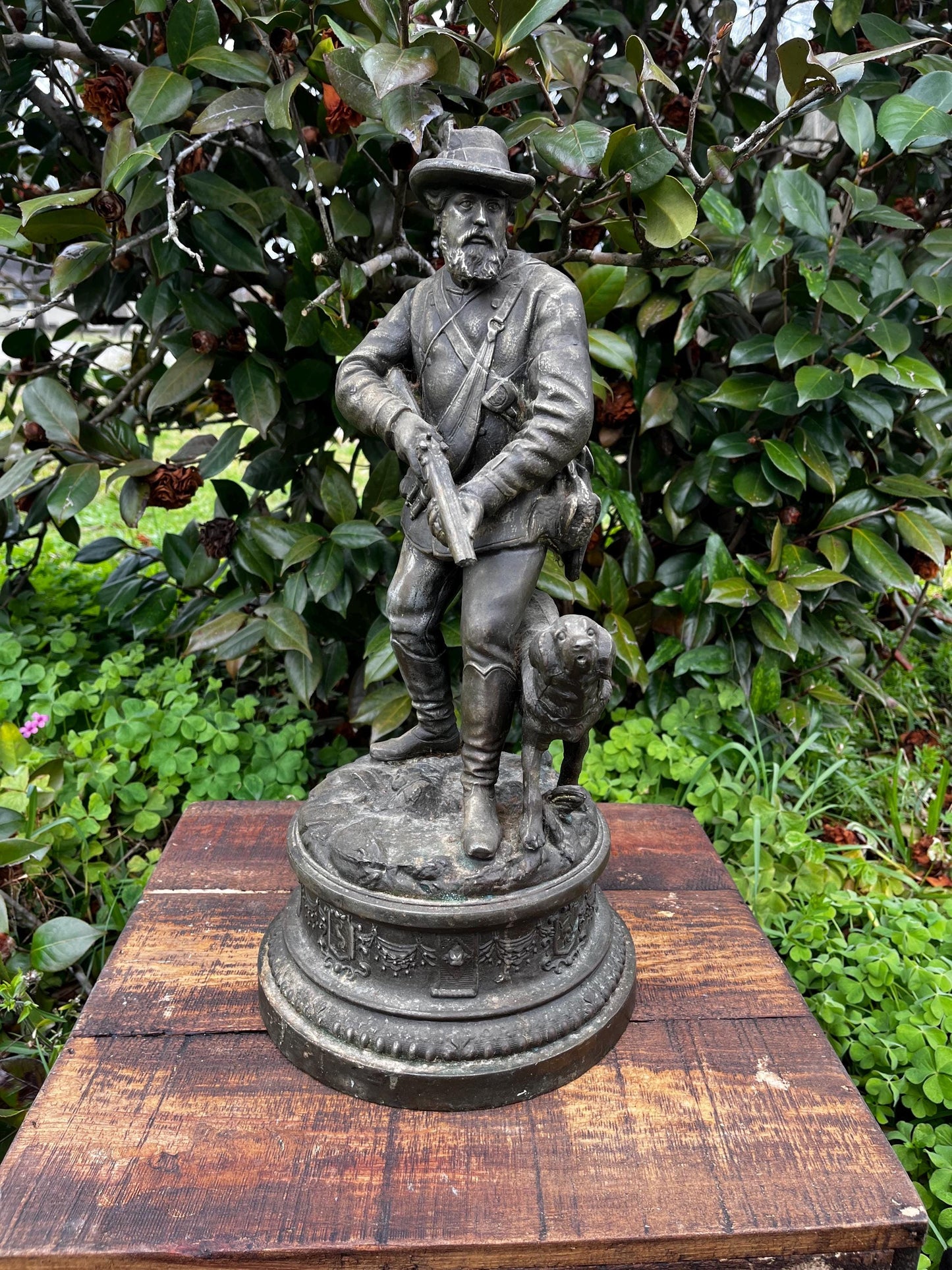 Large Antique Spelter Hunter Lamp Base – 19th C. Rustic Lodge Decor, Dog Figurine, Verdigris Patina, Bronze Finish