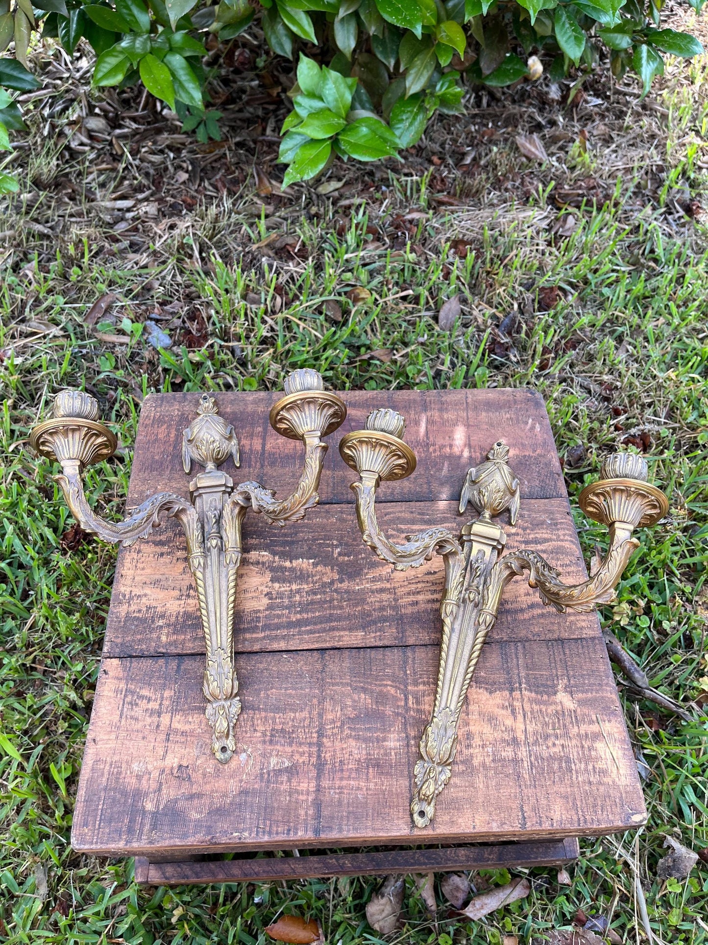 Pair of Antique French Brass Wall Sconces – Neoclassical Candle Holders, Louis XVI Style, Double Arm Wall Lights