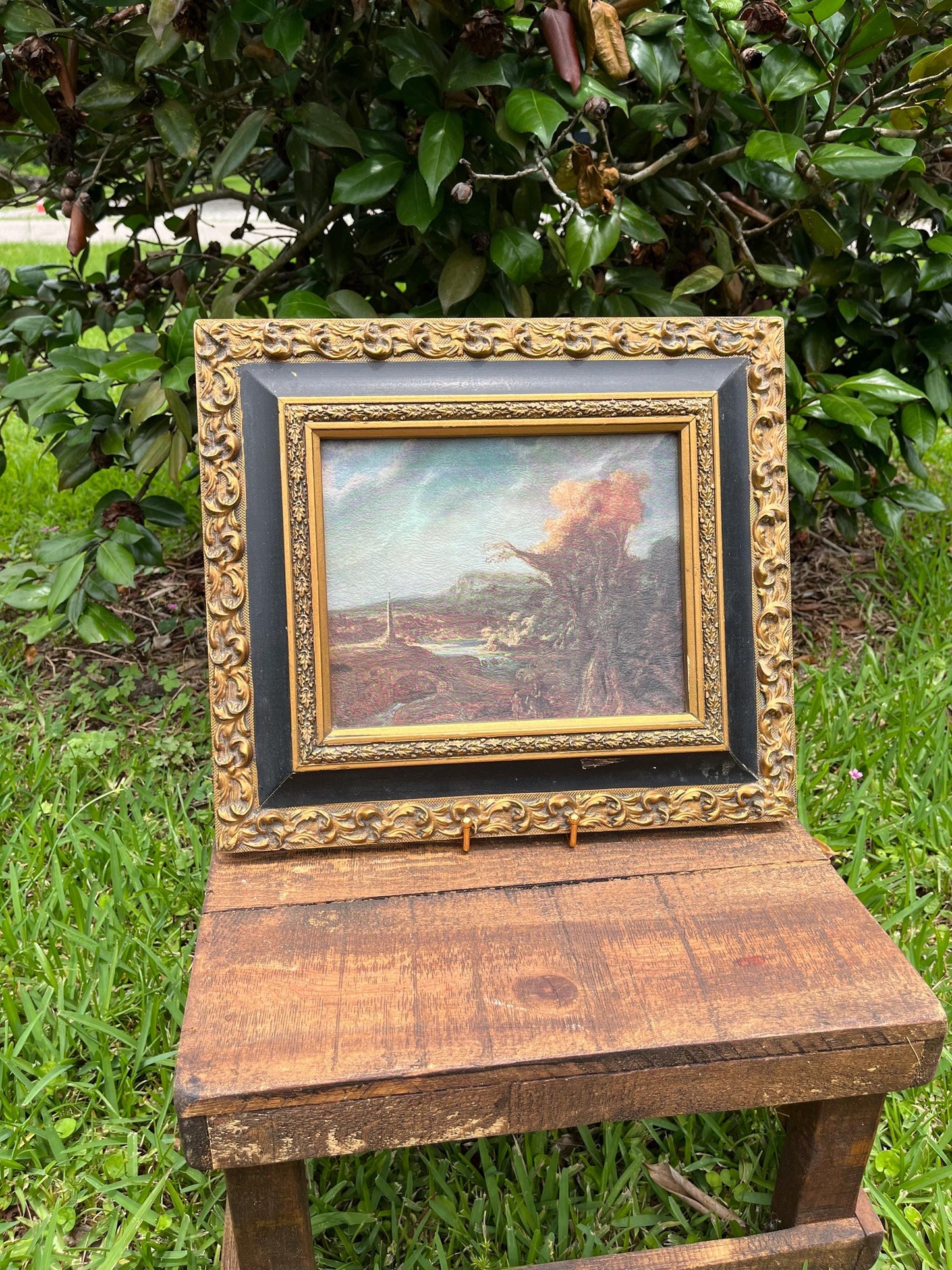 Vintage Framed Landscape Print – Moody Tree Scene in Ornate Black & Gold Frame