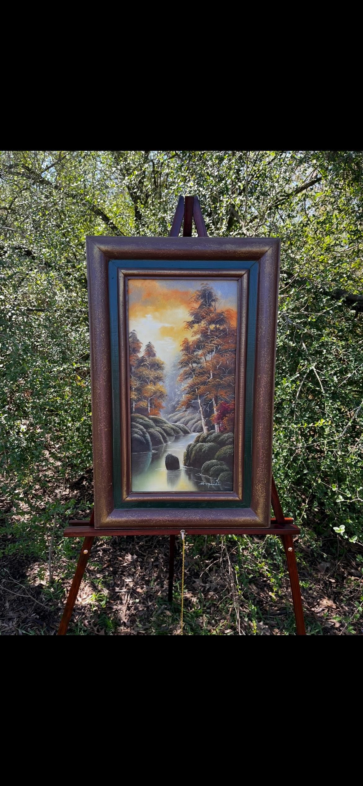 H. Roquidi Original Oil Painting – Tall River Landscape with Trees – Framed Rustic Art