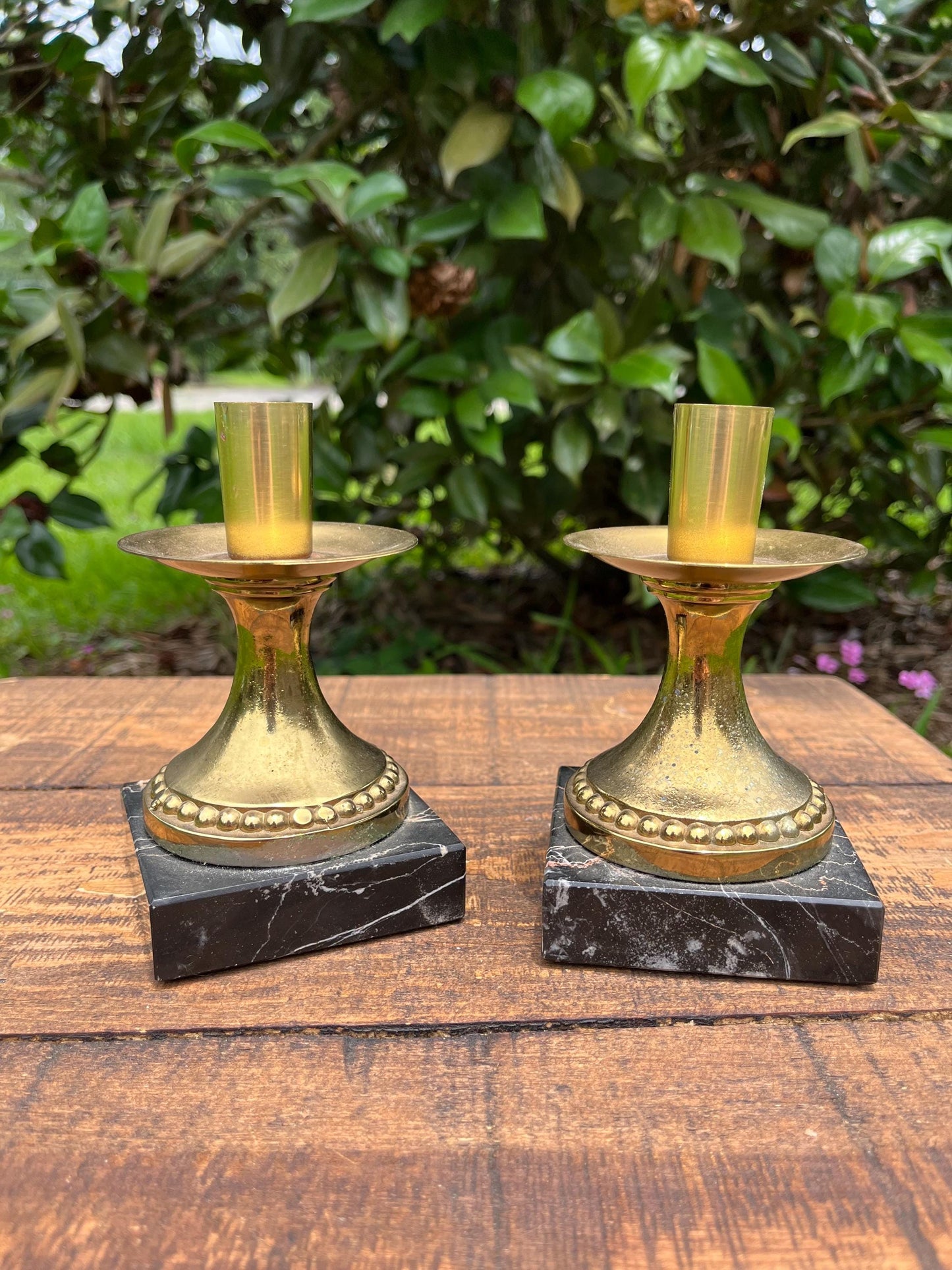 Pair of Brass Mini Candlesticks with Black Marble Bases – Hollywood Regency Table Decor