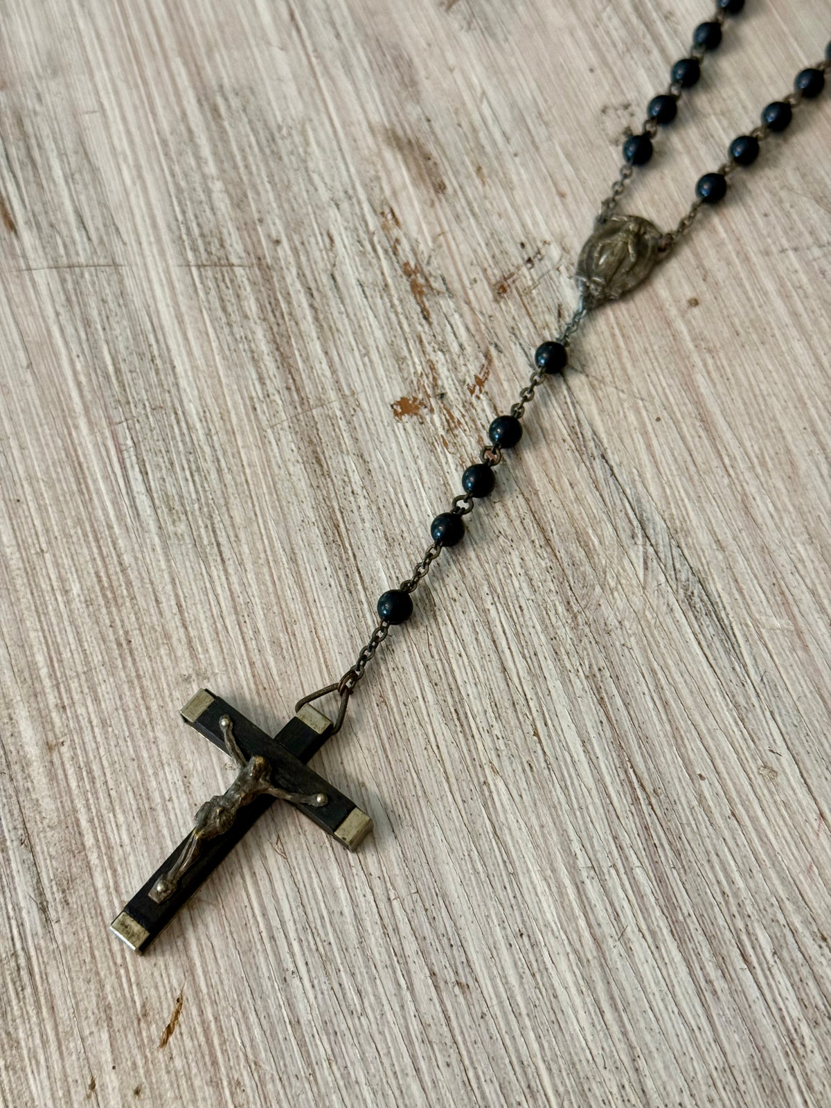 Vintage Black Beaded Catholic Rosary with Metal-Tipped Crucifix