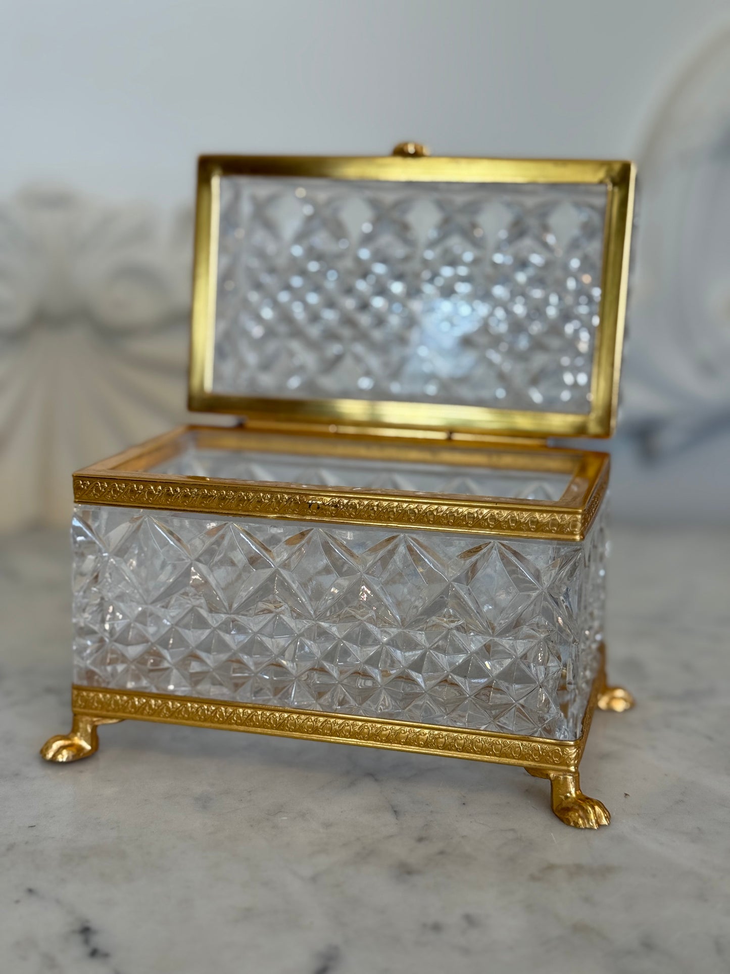 Antique Cut Crystal Jewelry Casket with Gilt Bronze Claw Feet, c. Early 1900s