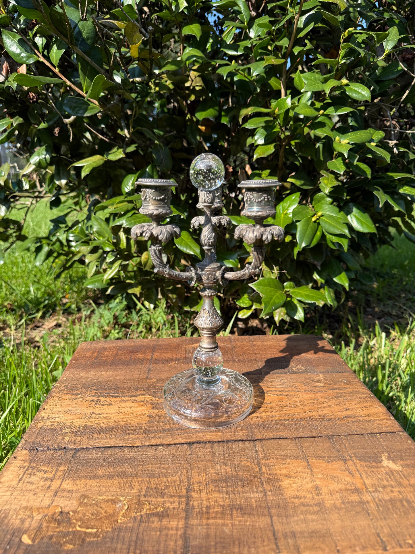 French Three-Arm Spelter and Glass Candelabra with Crystal Orb, c. 1890