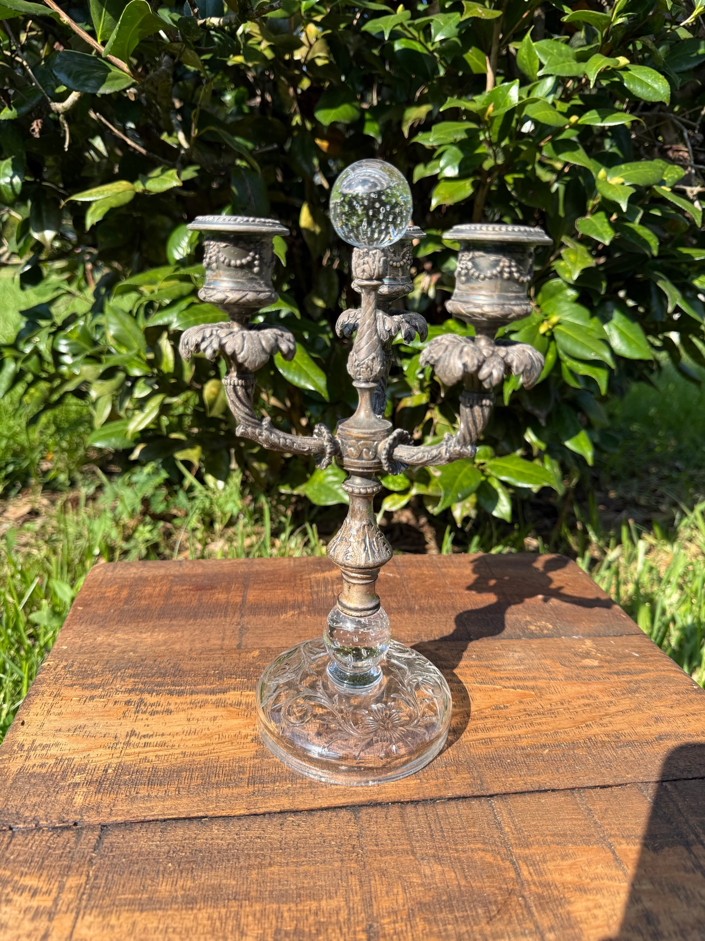 French Three-Arm Spelter and Glass Candelabra with Crystal Orb, c. 1890