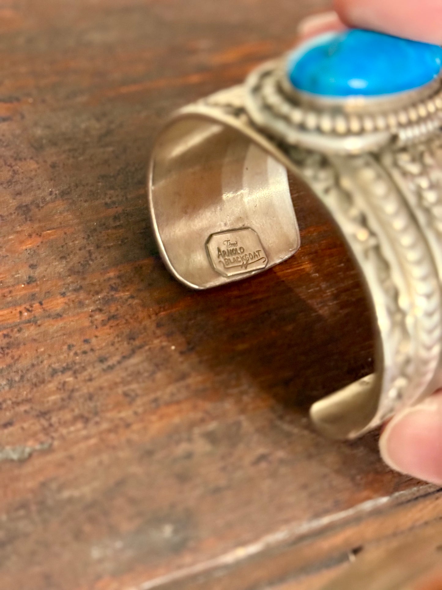 Arnold Blackgoat Signed Navajo Sterling Silver & Turquoise Cuff Bracelet