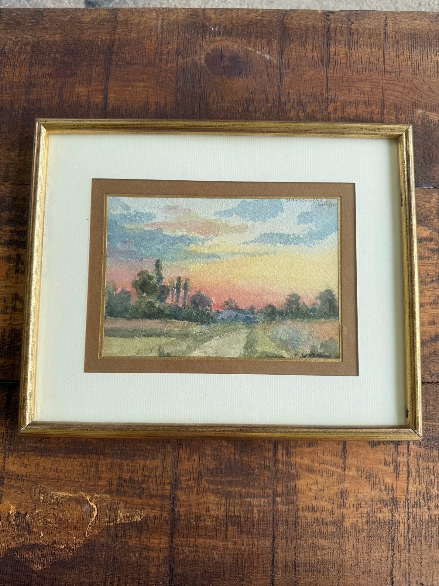 A. Giraud (1910) French School Influence Watercolor – Countryside Road at Sunset