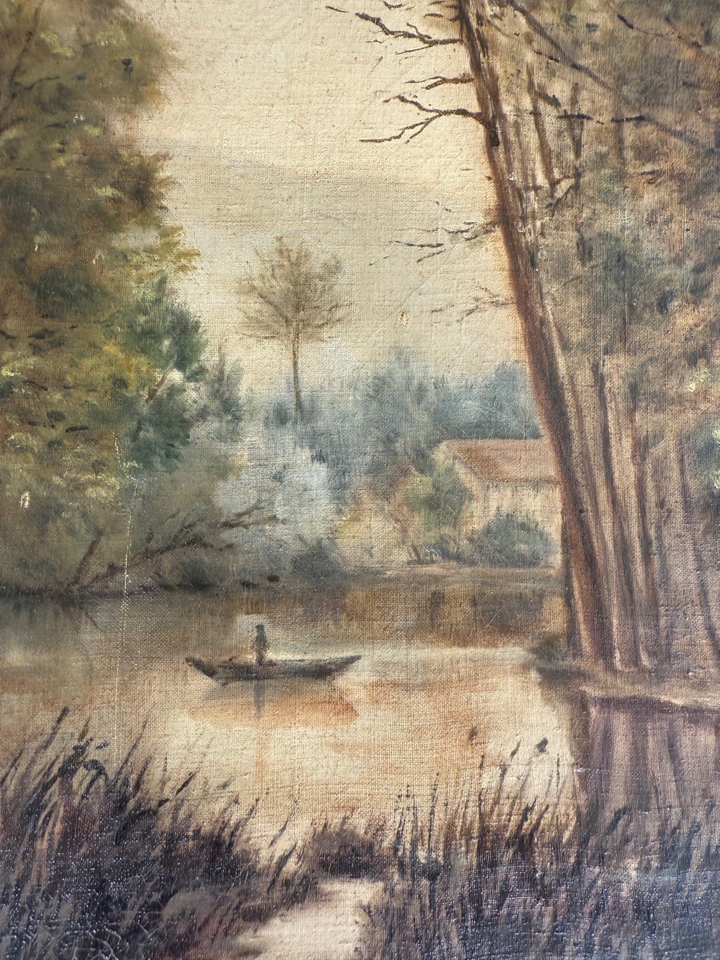 Late 19th Century European School Oil Painting – Riverside Landscape with Rowboat, Monogrammed
